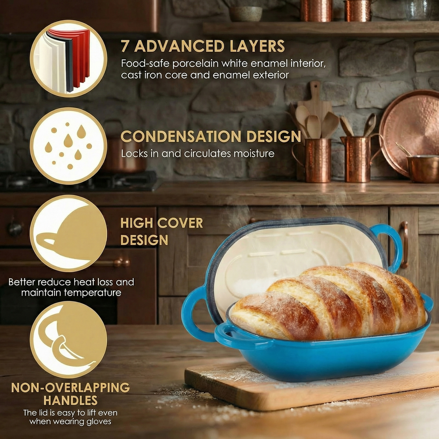 LIFERUN 2.5qt Enameled Cast Iron Dutch Oven for Sourdough Bread Baking, Bread Dutch Oven Pot with Lid, Non-Stick, Easy Clean, Blue