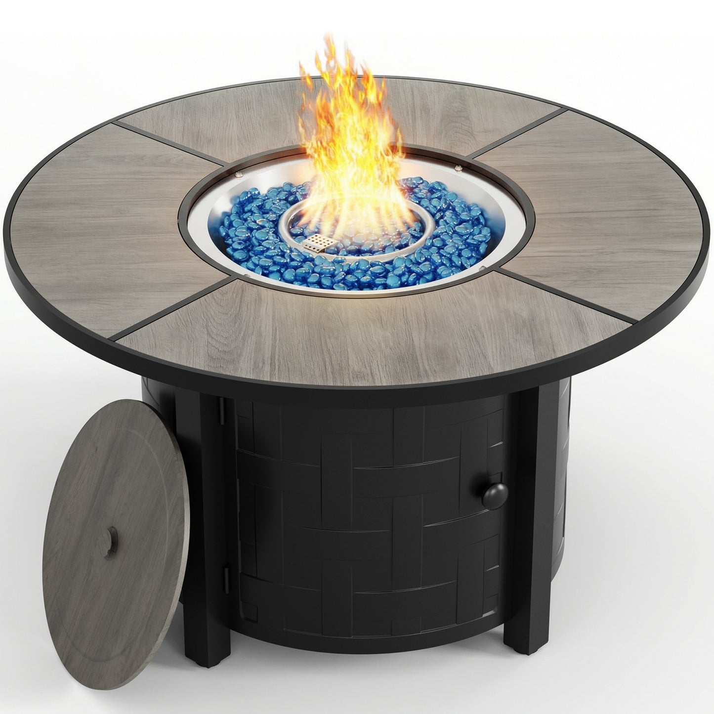LIFERUN Propane Fire Pit Table 42in, with Waterproof Cover, Blue Stone and Lid, 50,000 BTU Auto-Ignition Round Gas, for Outside Patio