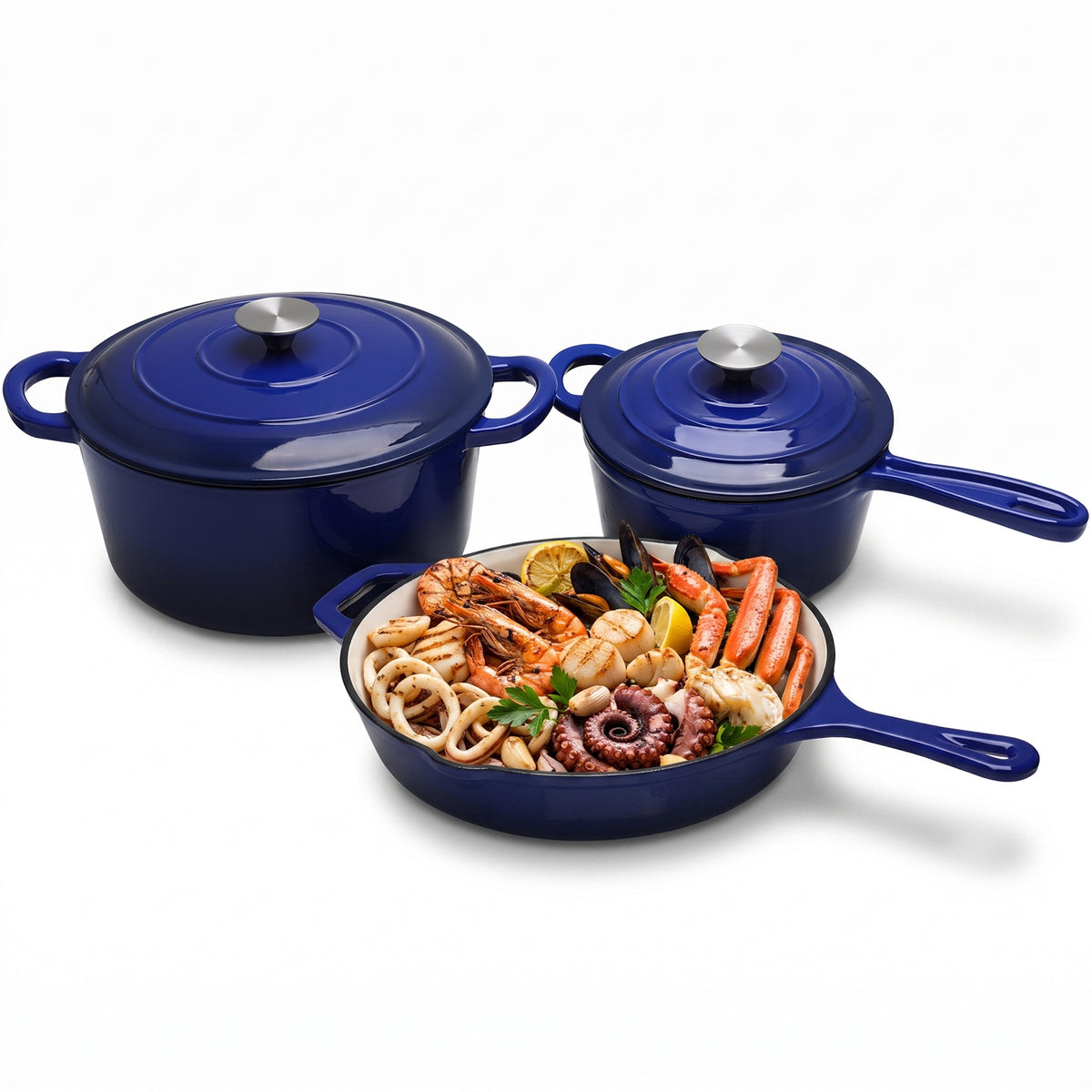 LIFERUN 5Pcs Enameled Cast Iron Cookware Set, Cast Iron Pots and Pans Set, Compatible with Gas, Electric & Induction, Red