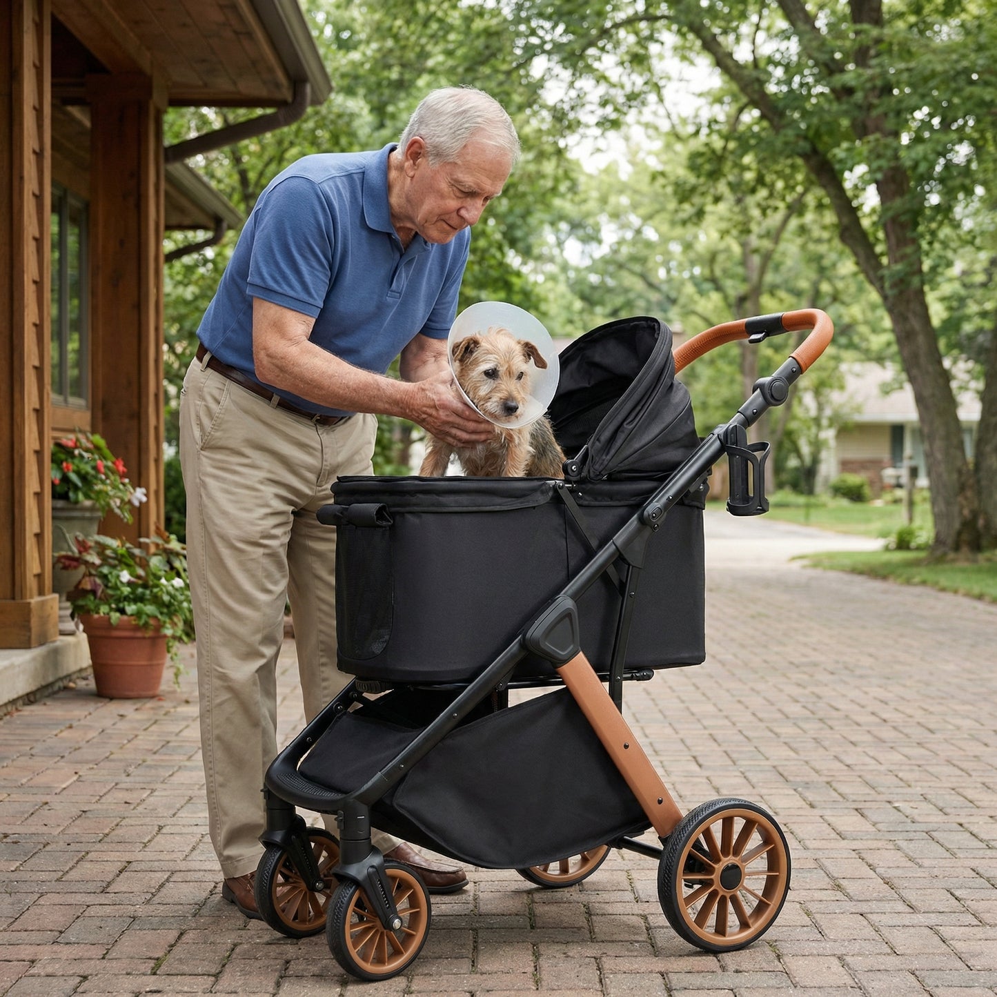 LIFERUN Foldable Dog Stroller for Medium Dogs Cats up to 55 lbs, Aluminum and Carbon Steel Frame Pet Stroller, Height-Adjustable Handle, 4 wheels, Black