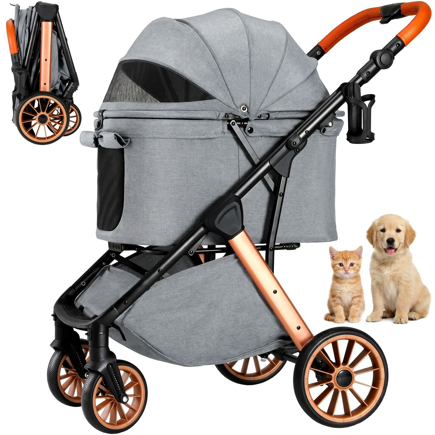 LIFERUN Foldable Dog Stroller for Medium Dogs Cats up to 55 lbs, Aluminum and Carbon Steel Frame Pet Stroller, Height-Adjustable Handle, 4 wheels, Black