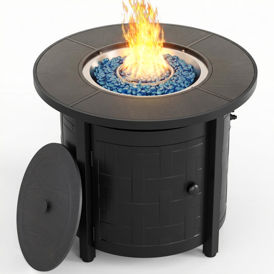 LIFERUN Propane Fire Pit Table 42in, with Waterproof Cover, Blue Stone and Lid, 50,000 BTU Auto-Ignition Round Gas, for Outside Patio