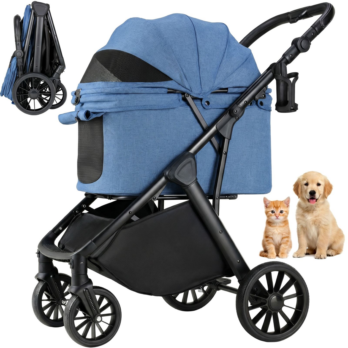 LIFERUN Foldable Dog Stroller for Medium Dogs Cats up to 55 lbs, Aluminum and Carbon Steel Frame Pet Stroller, Height-Adjustable Handle, 4 wheels, Black