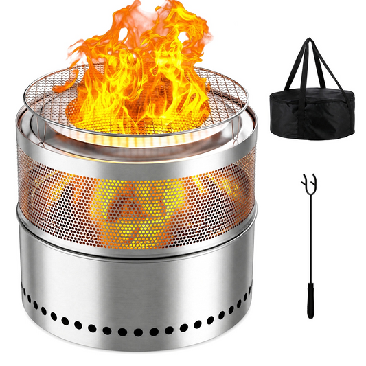 LIFERUN 19.3" Stainless Steel Fire Pit with Grill Grate, Smokeless Wood Burning Fire Pit, with Carrying Bag & Fire Poker, Ideal for Outdoor Gatherings Fits 3-6 People