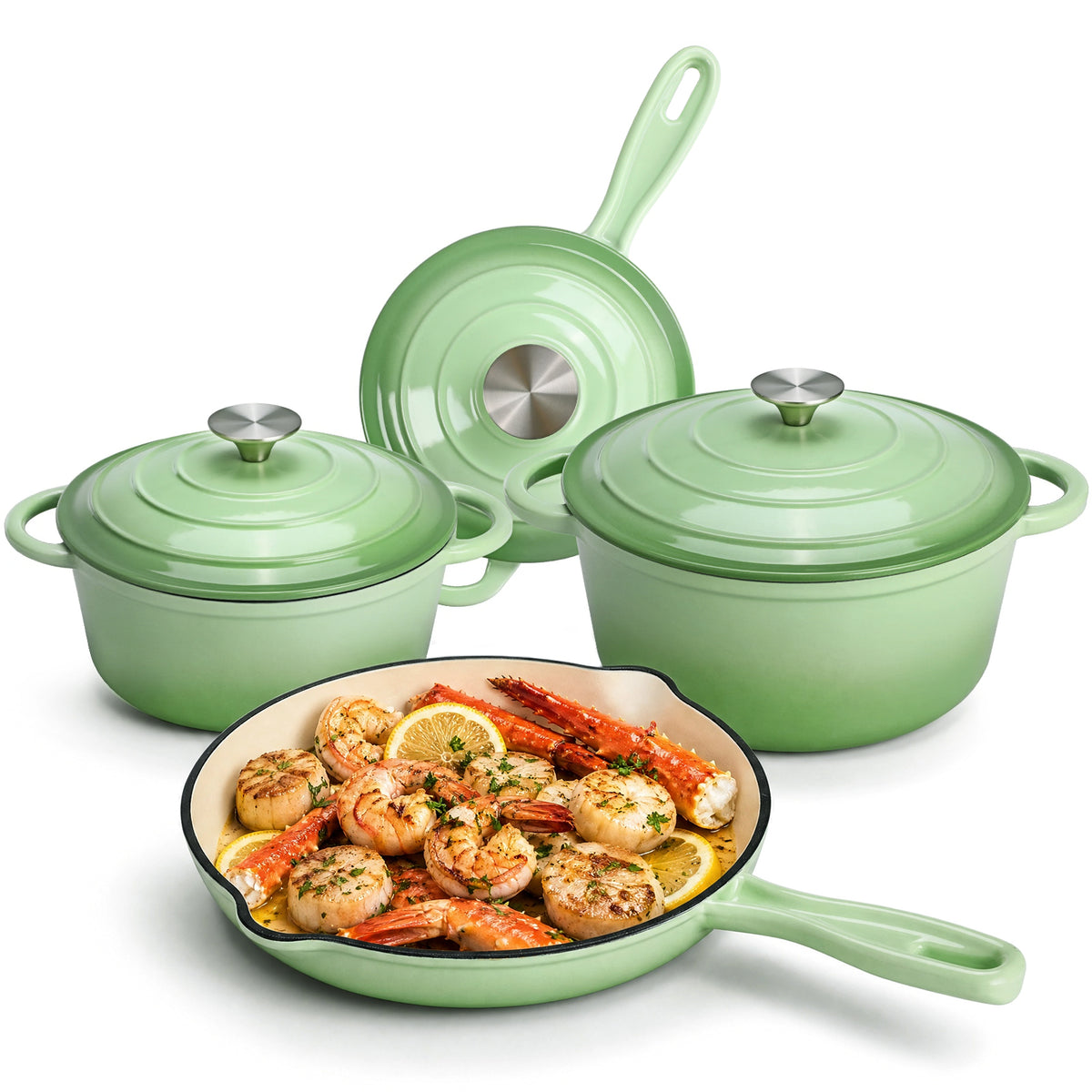 LIFERUN Nonstick Enameled Cast Iron Cookware Set, 7Pcs Pots and Pans, Gas/Induction Dutch Oven Set, Red