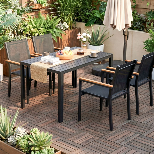 LIFERUN 5-Pieces Outdoor Dining Set, Patio Dining Table Set with 4 Stackable Aluminum Chairs, 43×27.6in Rectangle Table with Wooden-Like Top and Aluminum Frame, for Garden, Patio, Poolside, Black