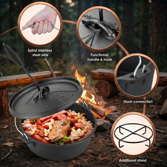 LIFERUN Dutch Oven Pot with Lid, 12 Quart Cast Iron Dutch Oven, without Feet, with Stand, Easy Clean, for Outdoor & Indoor