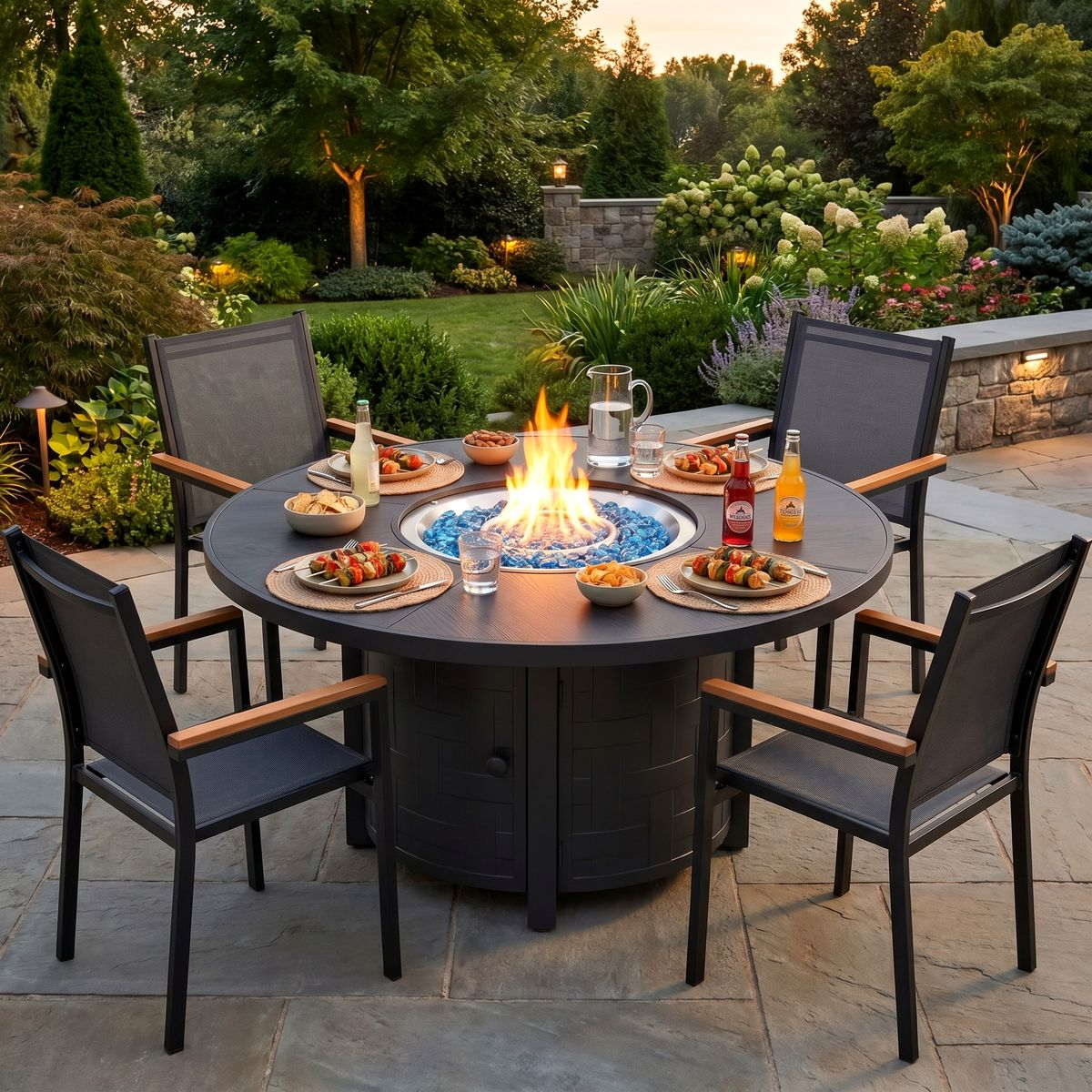 LIFERUN 42 in Propane Fire Pit Table with 4 Stackable Aluminum Dining Chairs– 50,000 BTU Round Fire Pit with Lid, Converts to Patio Coffee Table, for Poolside, Balcony, Terrace (Brown)