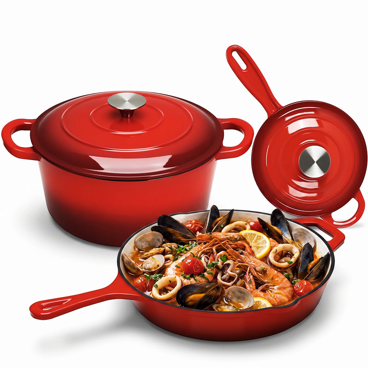 LIFERUN 5Pcs Enameled Cast Iron Cookware Set, Cast Iron Pots and Pans Set, Compatible with Gas, Electric & Induction, Red