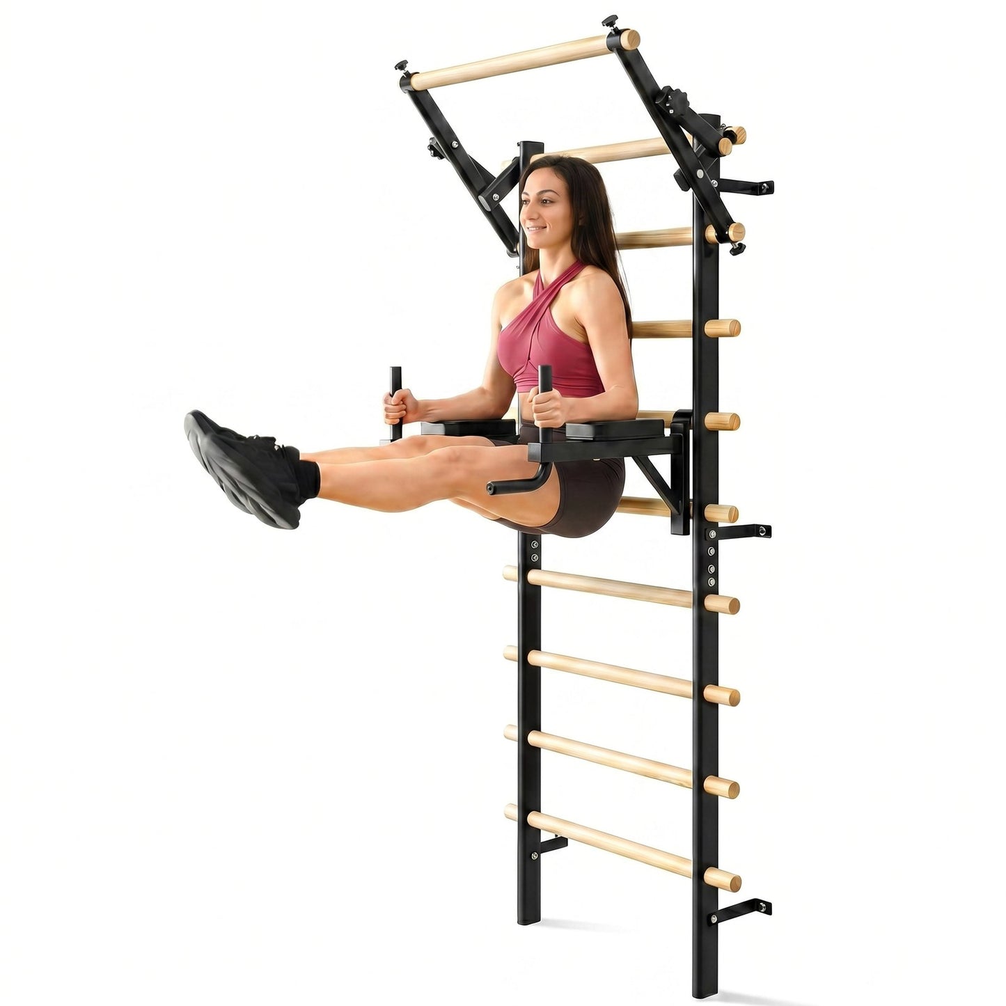 LIFERUN Swedish Ladder Wall Gym, 92" Solid Beechwood Stall Bars, 264lbs Capacity, Adjustable Pull-Up & Dip Bar Attachments, Wall Mounted, 9 Anchor Rods for Home, School, Physical Therapy, Gymnastics