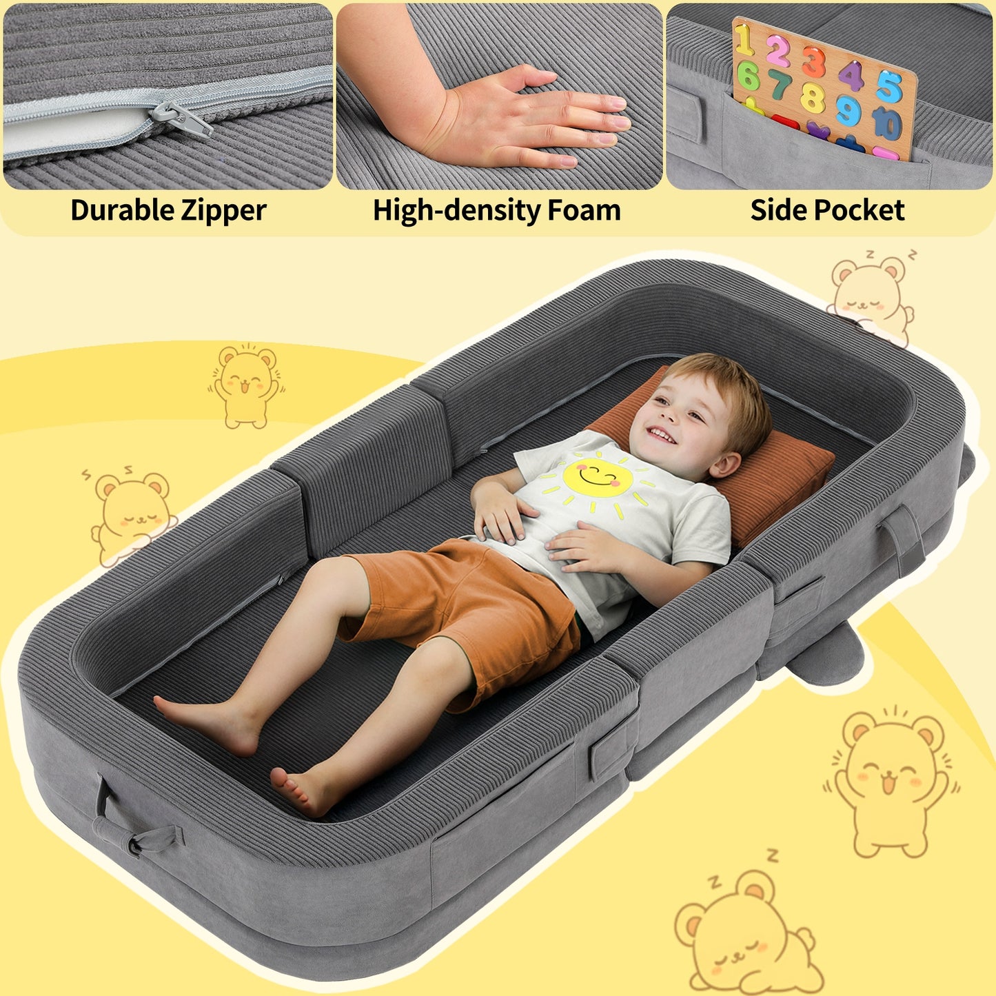 LIFERUN Toddler Travel Bed,Foldable Portable Toddler Floor Bed with Soft Foam for Baby and Kids Aged 1-4,Washable Cover Travel Crib with Safety Rail for Home,Hotel,Family Visits,Camping