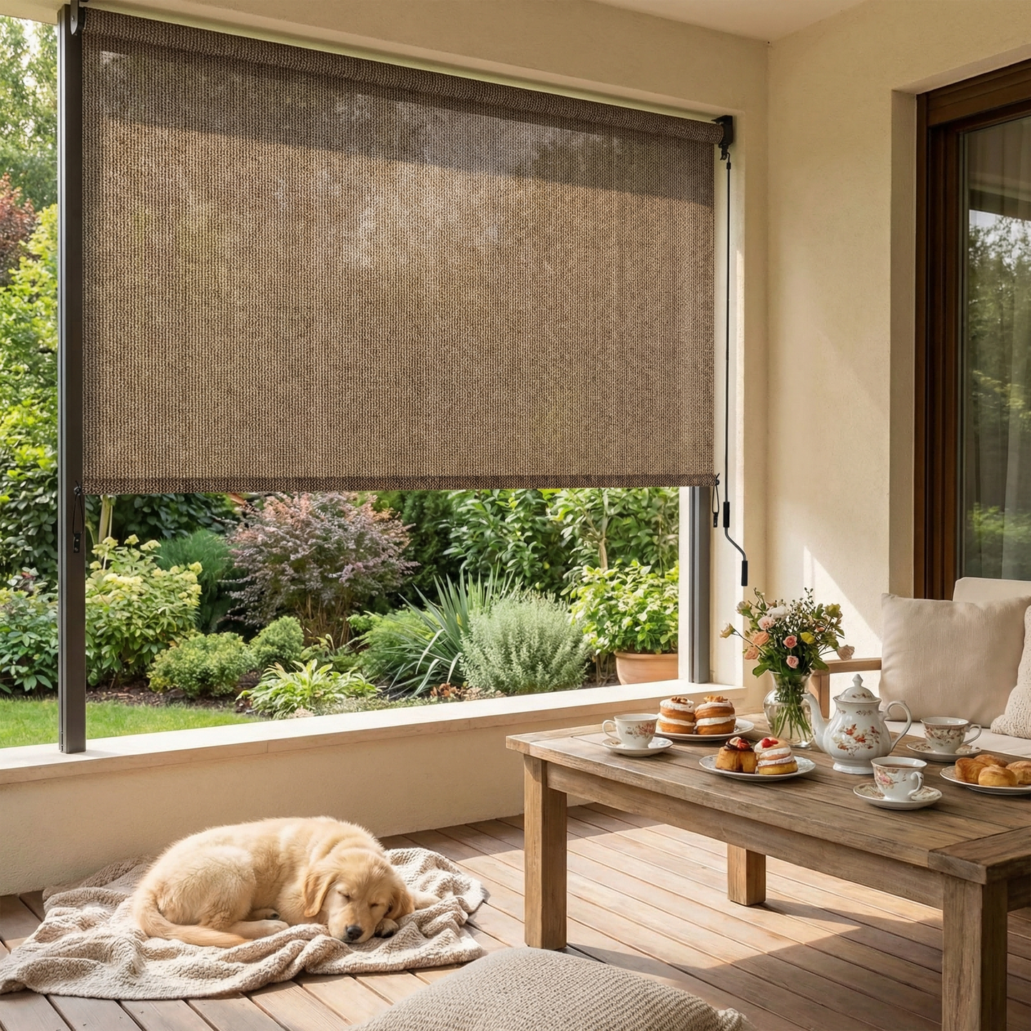 LIFERUN Outdoor Roller Sun Shade 8' W x 6' H, HDPE Shade Cloth, Aluminum Tube with Cordless Wand Crank Operation, Sunshade for Outdoor Pergola Patio, Porch, and Garden