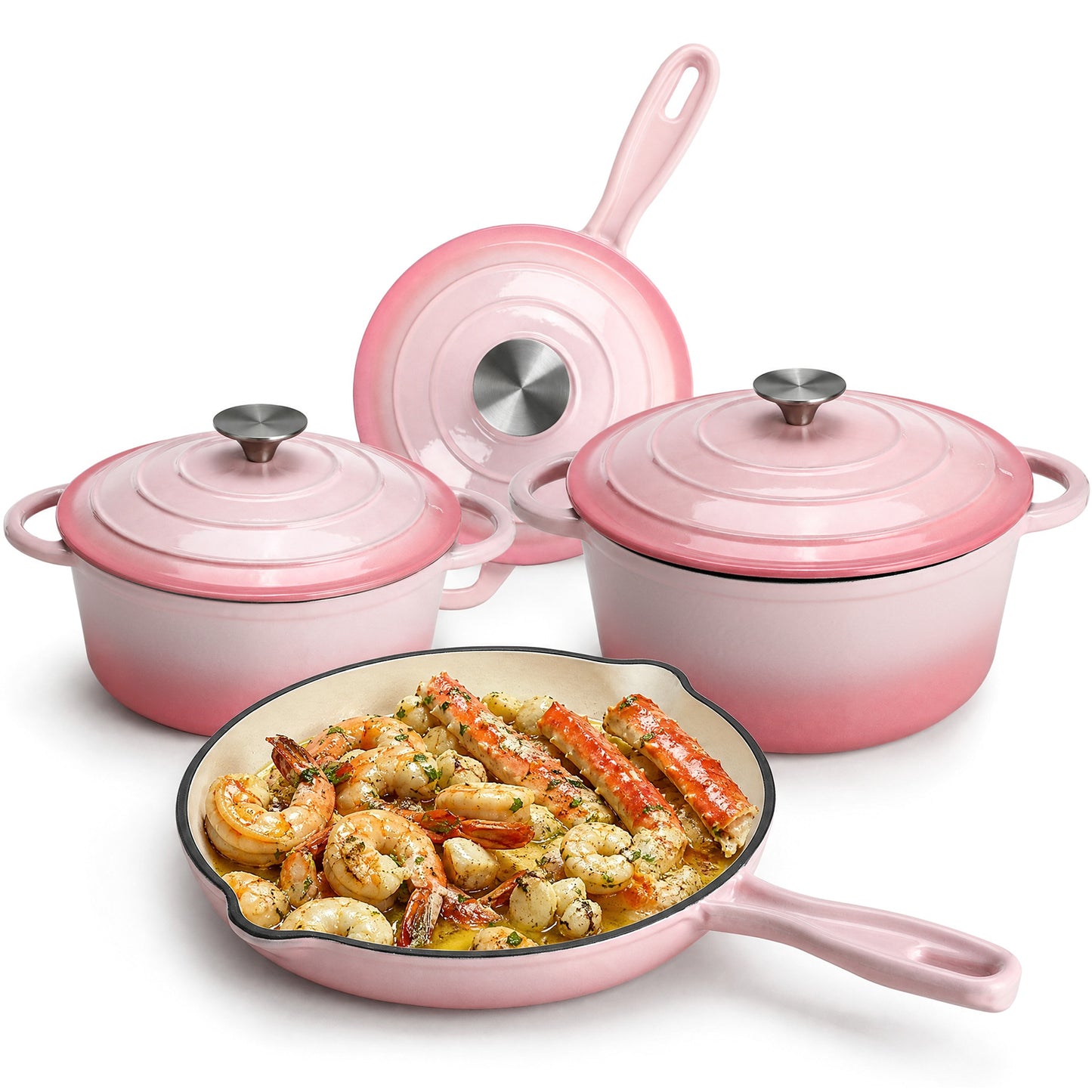 LIFERUN Nonstick Enameled Cast Iron Cookware Set, 7Pcs Pots and Pans, Gas/Induction Dutch Oven Set, Red