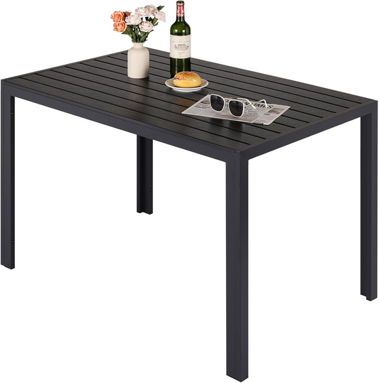 LIFERUN Outdoor Patio Table for 4-6 Person, 43×28in Rectangle Outdoor  Dining Table with Wooden-Like Top and Aluminum Frame, Heat and Weather Resistant, Ideal for Garden, Patio, Poolside, Porch