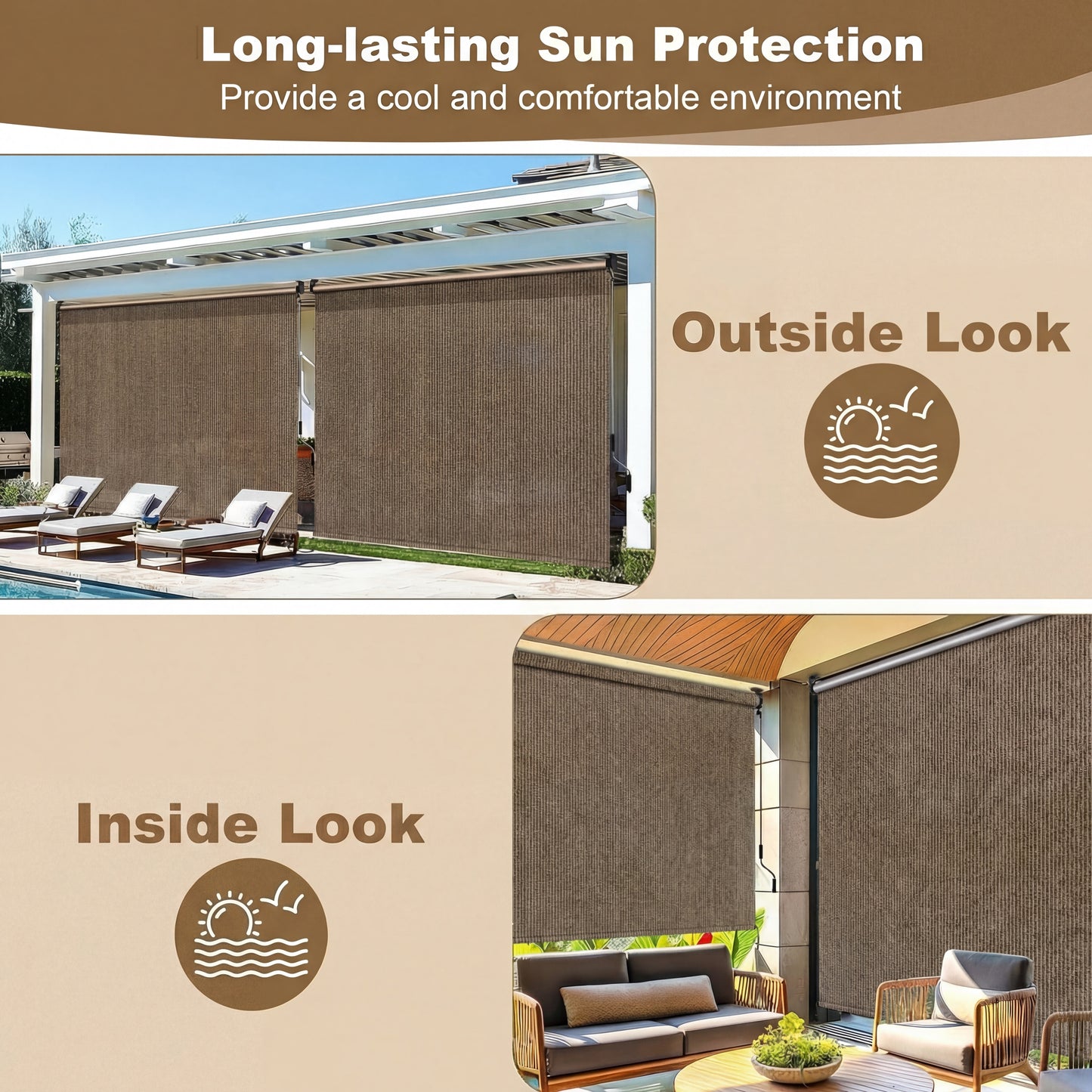 LIFERUN Outdoor Roller Sun Shade 8' W x 6' H, HDPE Shade Cloth, Aluminum Tube with Cordless Wand Crank Operation, Sunshade for Outdoor Pergola Patio, Porch, and Garden