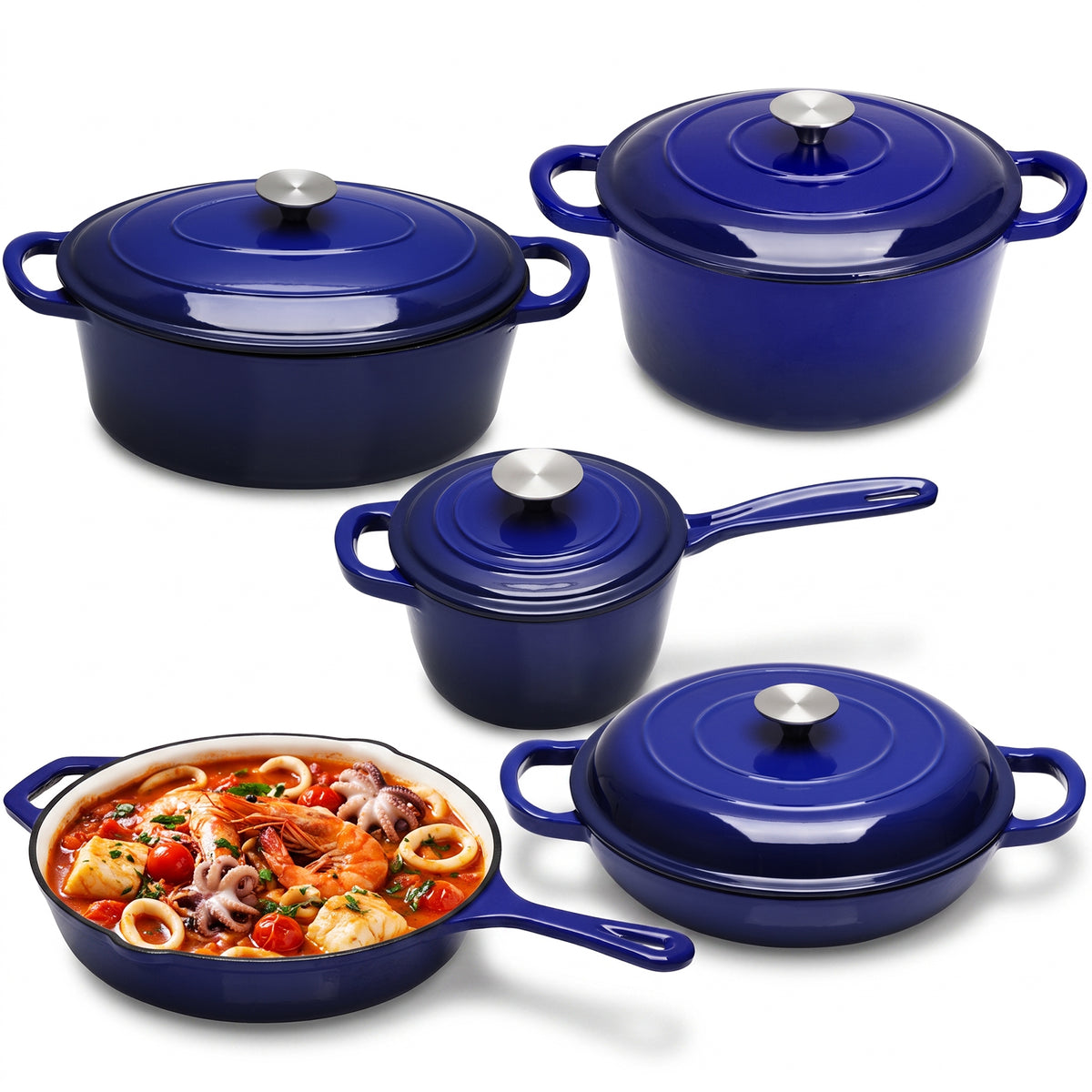 LIFERUN 9Pcs Enameled Cast Iron Cookware Set, Cast Iron Pots and Pans Set, Compatible with Gas, Electric & Induction, Red