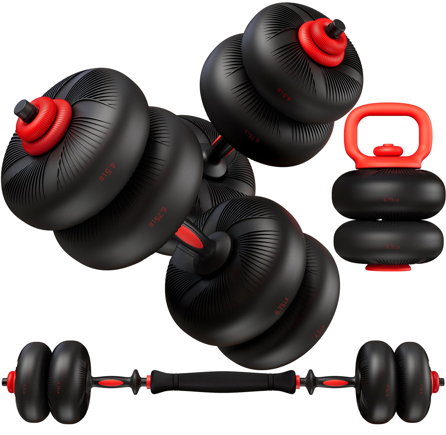LIFERUN Adjustable Dumbbell Set, Soft PVC Coated, 45lbs/67lbs Free Weight Set Home Gym, 4-in-1 Used as Barbell, Dumbbells, Kettlebell, Weight Plates,Red