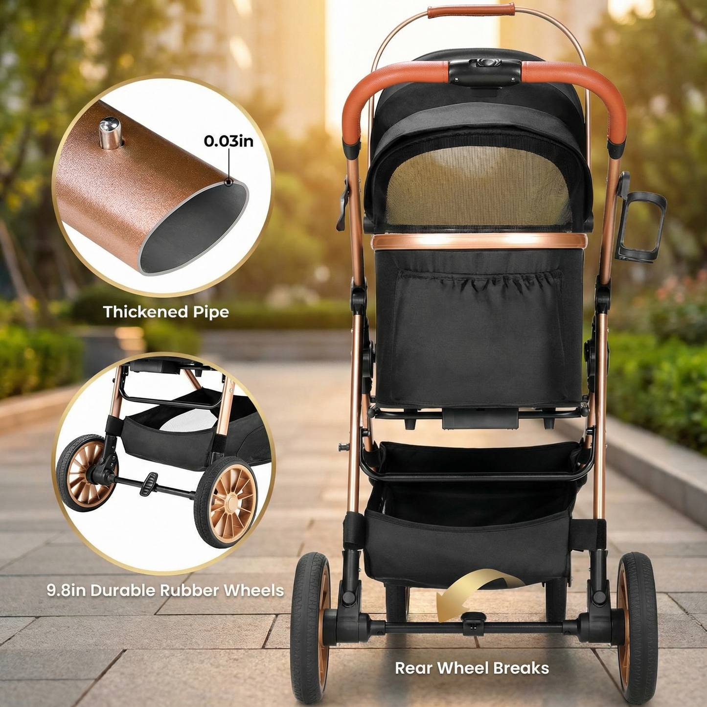 LIFERUN Foldable 4 Wheels Pet Stroller for Small/Medium Dogs Cats up to 55lbs, 3-in-1 Dog Stroller, Detachable Carrier and One-Click Folding Design, Travel Puppy Cart