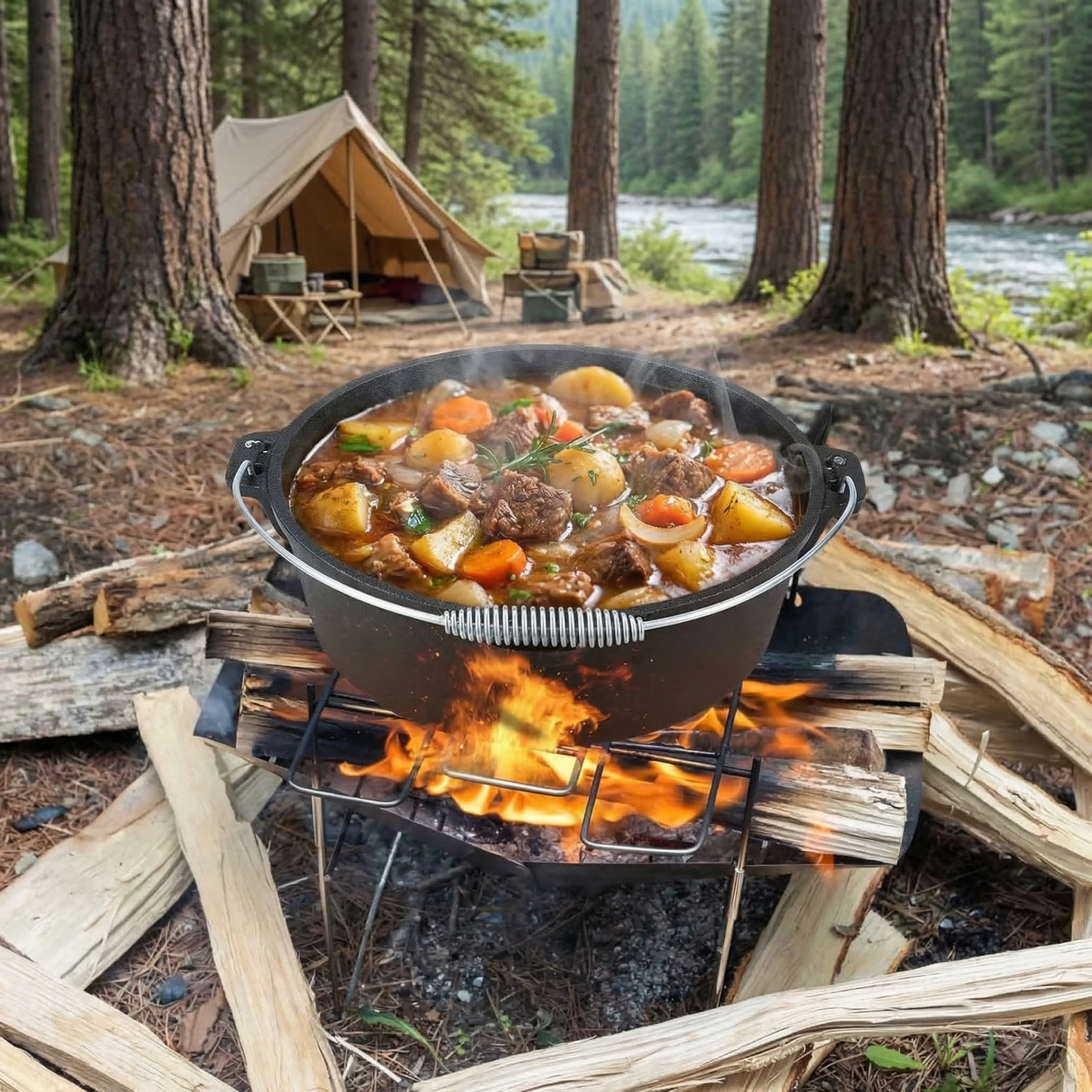 LIFERUN Dutch Oven Pot with Lid, 12 Quart Cast Iron Dutch Oven, without Feet, with Stand, Easy Clean, for Outdoor & Indoor