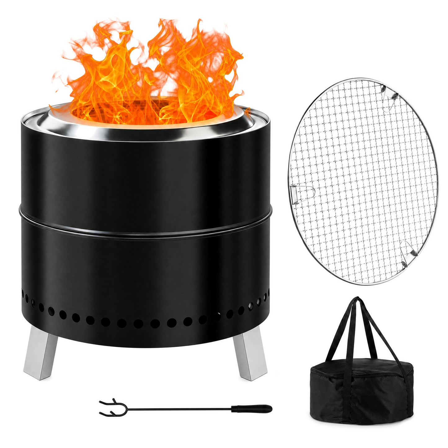 LIFERUN 19.3" Smokeless Stainless Steel Outdoor Fire Pit with Grill & Legs, Portable Fire Pit for Camping & Patio, Wood Burning, with Carrying Bag & Fire Poker