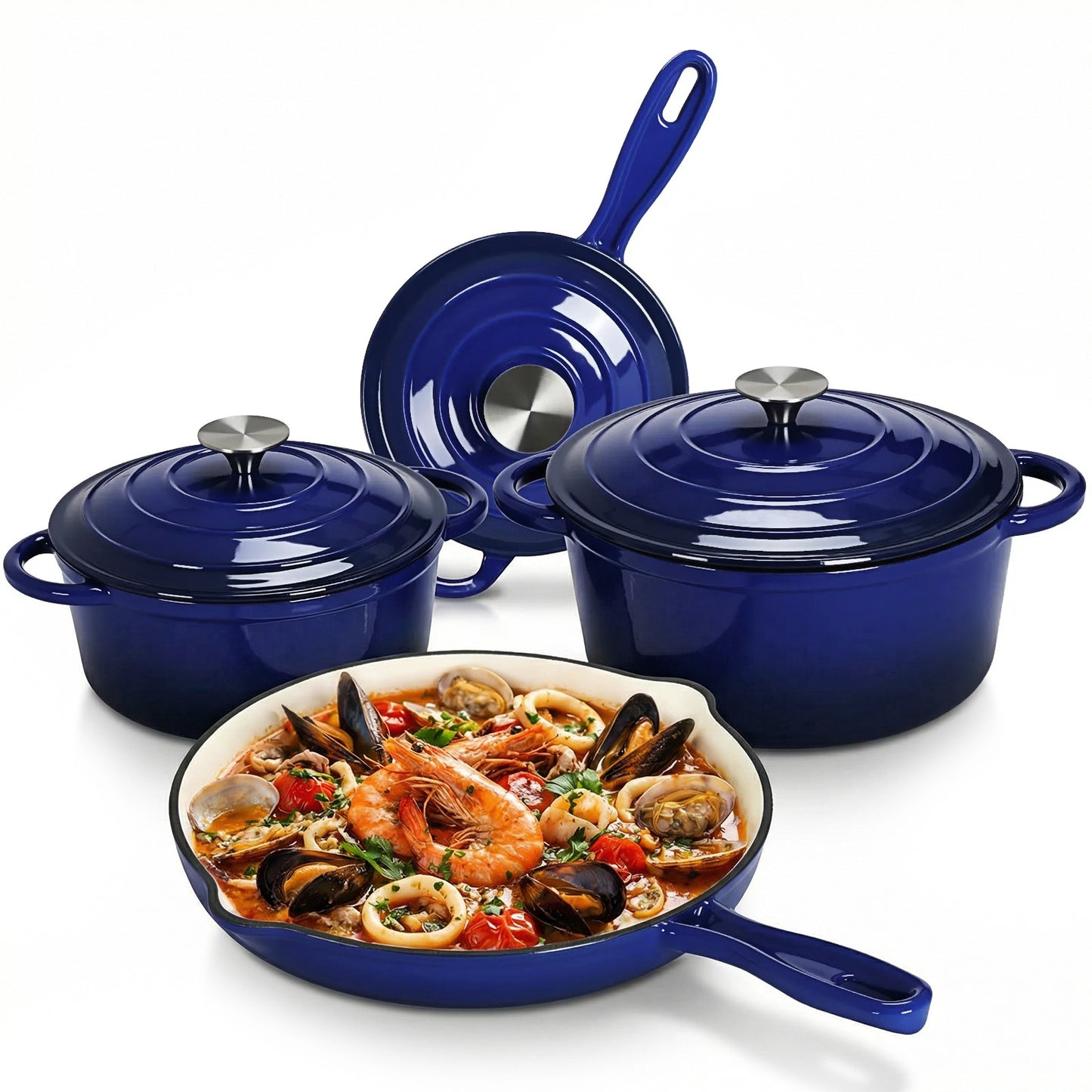 LIFERUN Nonstick Enameled Cast Iron Cookware Set, 7Pcs Pots and Pans, Gas/Induction Dutch Oven Set, Red
