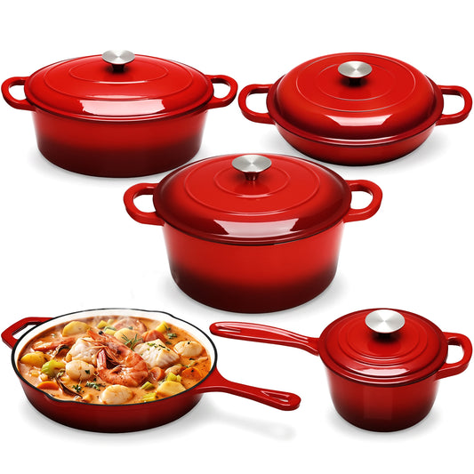 LIFERUN 9Pcs Enameled Cast Iron Cookware Set, Cast Iron Pots and Pans Set, Compatible with Gas, Electric & Induction, Red