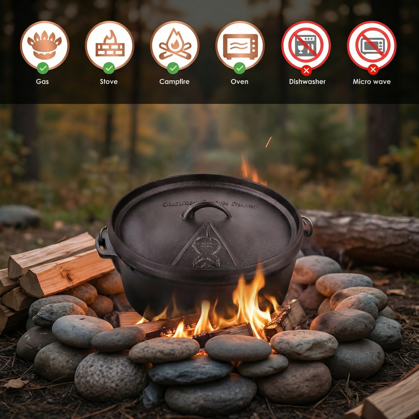 LIFERUN Dutch Oven Pot with Lid, 12 Quart Cast Iron Dutch Oven, without Feet, with Stand, Easy Clean, for Outdoor & Indoor