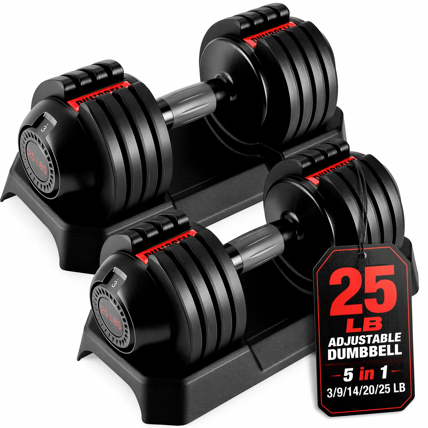 LIFERUN Adjustable Dumbbells Set with 5 Weight Levels, 25 LB Dumbbells with Storage Base, 1-Second Dial Adjustment, Space Saving for Men & Women, for Beginners & Body Shaping Home Training