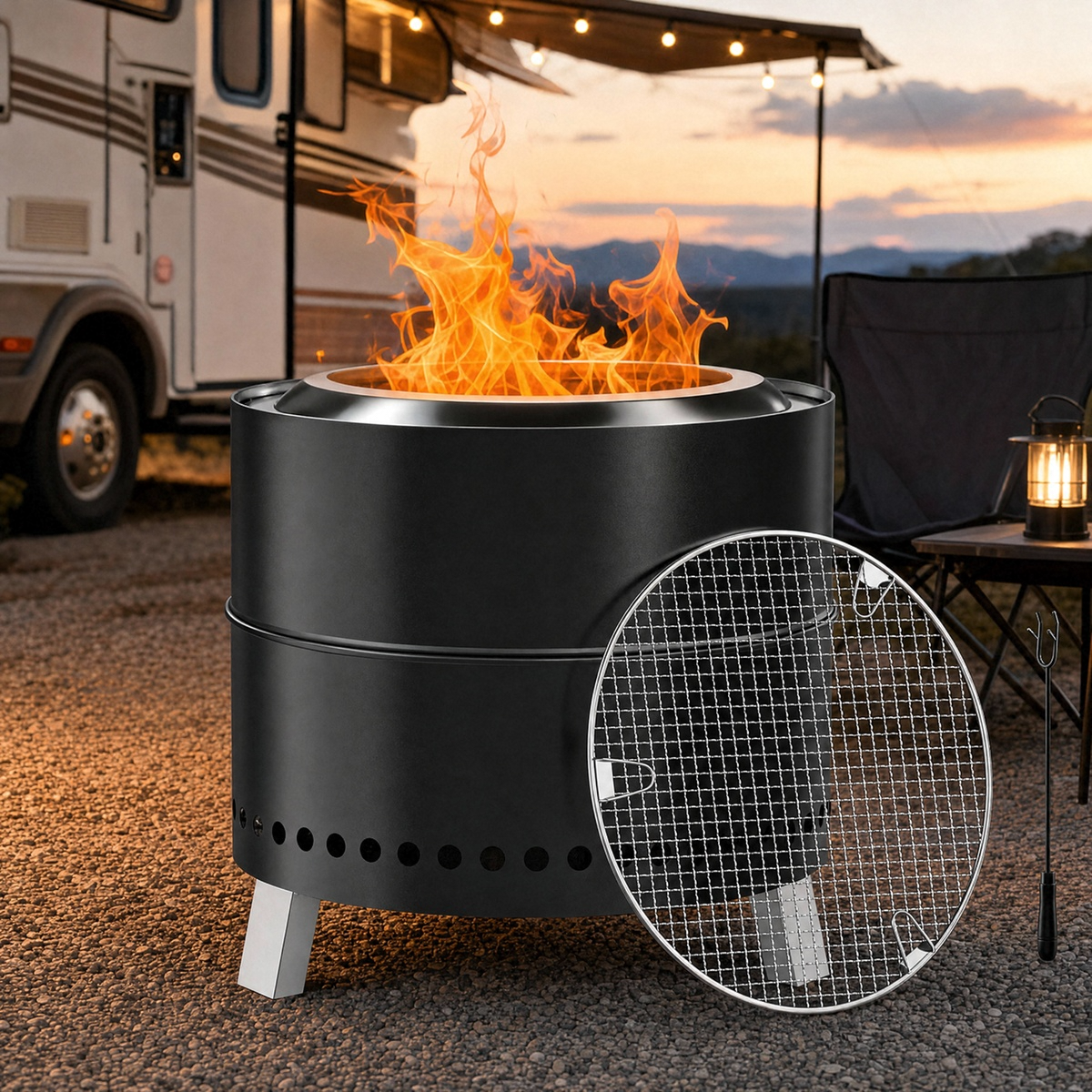 LIFERUN 19.3" Smokeless Stainless Steel Outdoor Fire Pit with Grill & Legs, Portable Fire Pit for Camping & Patio, Wood Burning, with Carrying Bag & Fire Poker