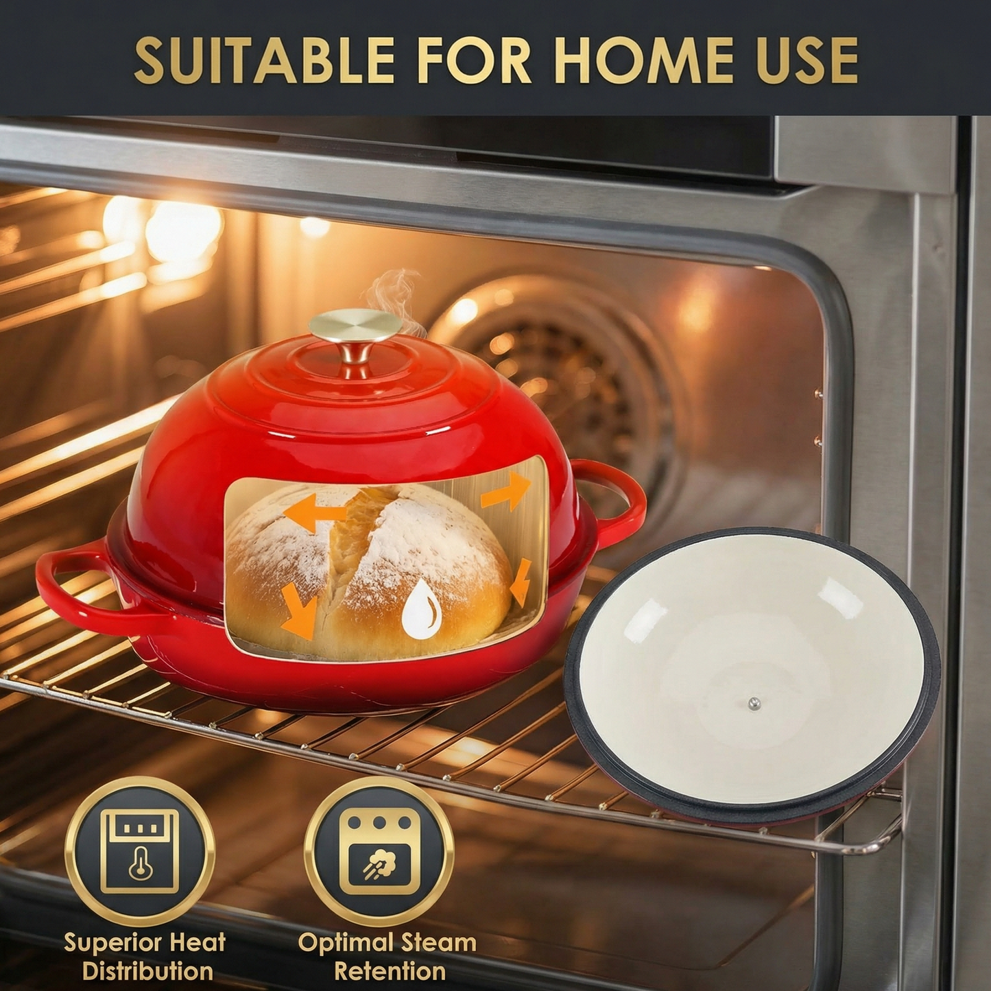LIFERUN 6qt Enameled Dutch Oven Cast Iron for Bread Baking, Dome-Shaped Bread Oven Pot, Non-stick, Easy Clean