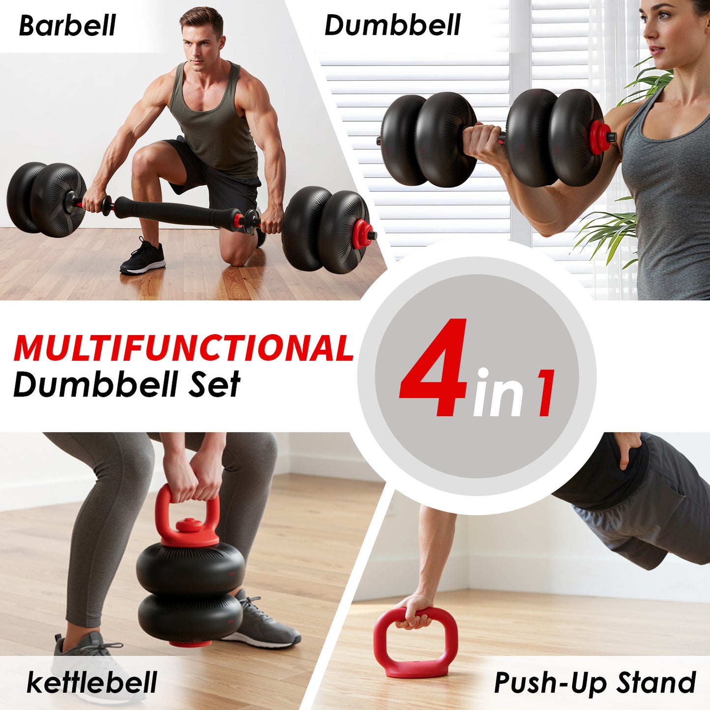 LIFERUN Adjustable Dumbbell Set, Soft PVC Coated, 45lbs/67lbs Free Weight Set Home Gym, 4-in-1 Used as Barbell, Dumbbells, Kettlebell, Weight Plates,Red