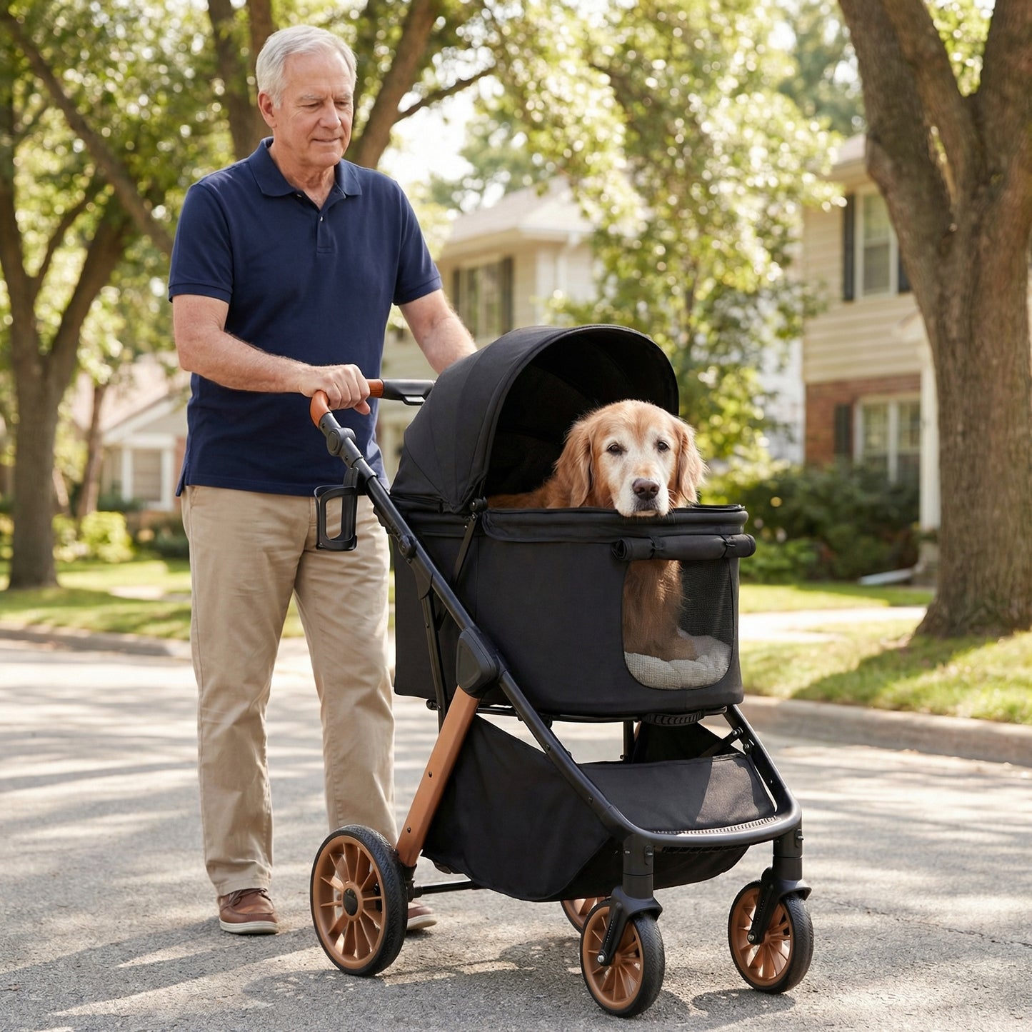 LIFERUN Foldable Dog Stroller for Medium Dogs Cats up to 55 lbs, Aluminum and Carbon Steel Frame Pet Stroller, Height-Adjustable Handle, 4 wheels, Black