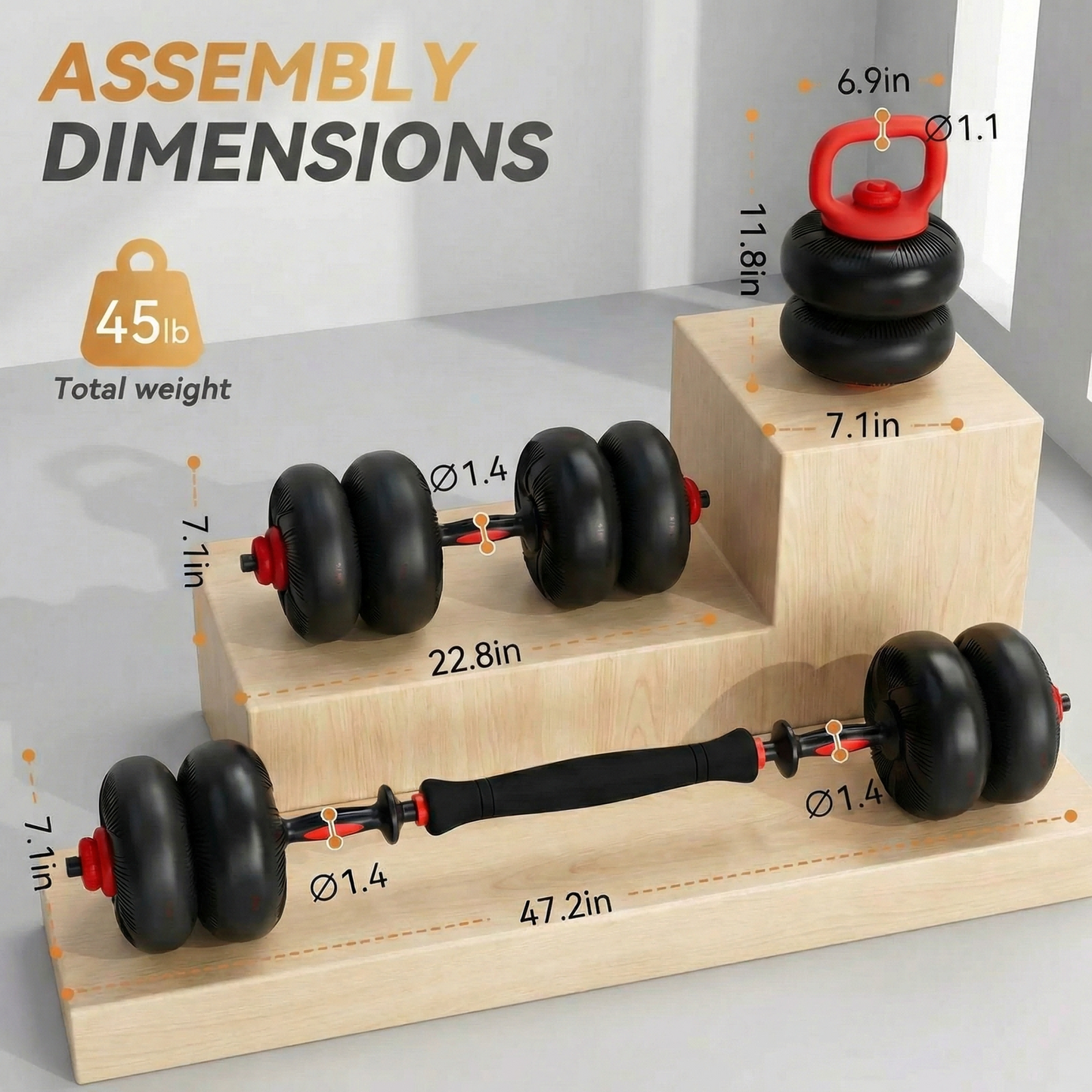 LIFERUN Adjustable Dumbbell Set, Soft PVC Coated, 45lbs/67lbs Free Weight Set Home Gym, 4-in-1 Used as Barbell, Dumbbells, Kettlebell, Weight Plates,Red