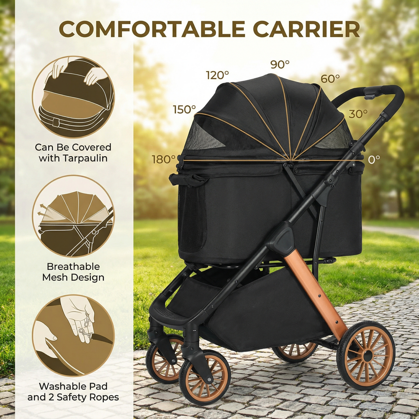 LIFERUN Foldable Dog Stroller for Medium Dogs Cats up to 55 lbs, Aluminum and Carbon Steel Frame Pet Stroller, Height-Adjustable Handle, 4 wheels, Black