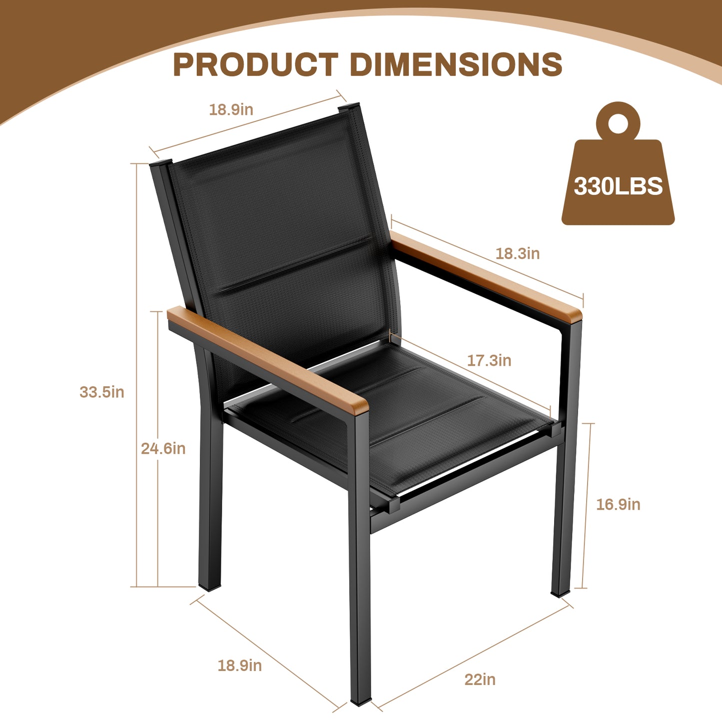LIFERUN Patio Chairs Set of 6, Stackable Aluminum Outdoor Chair with Quilted Textilene & WPC Handrail, 17" Seat Height, All Weather Chair for Patio, Balcony, Poolside & Restaurants, Black