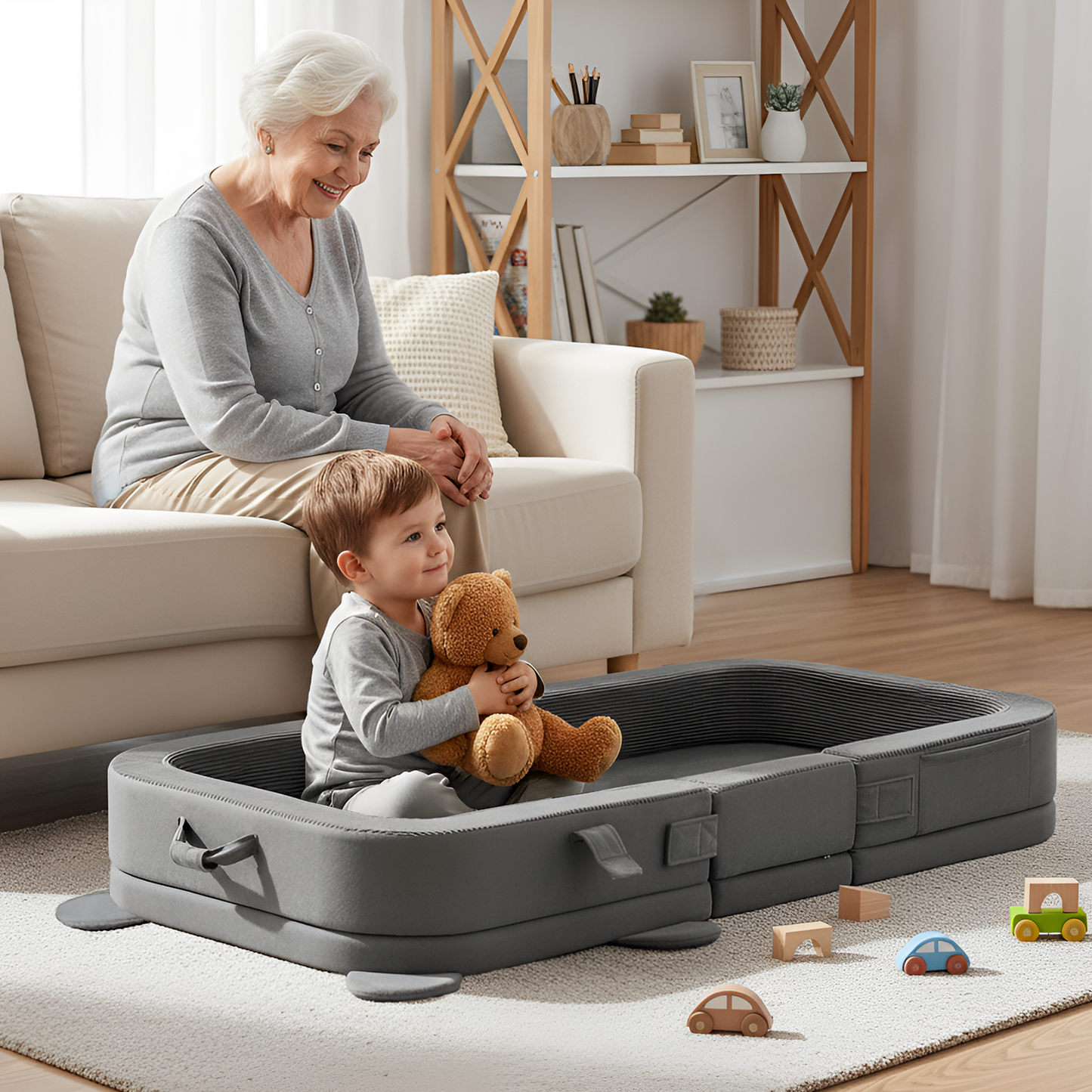 LIFERUN Toddler Travel Bed,Foldable Portable Toddler Floor Bed with Soft Foam for Baby and Kids Aged 1-4,Washable Cover Travel Crib with Safety Rail for Home,Hotel,Family Visits,Camping