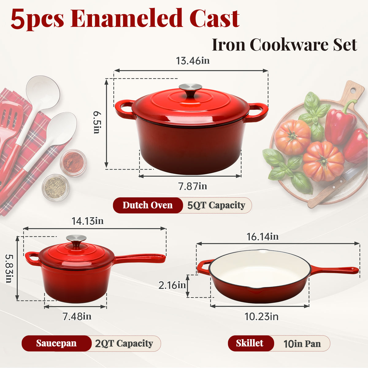 LIFERUN 5Pcs Enameled Cast Iron Cookware Set, Cast Iron Pots and Pans Set, Compatible with Gas, Electric & Induction, Red