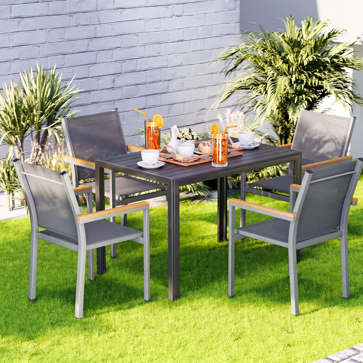 LIFERUN 5-Pieces Outdoor Dining Set, Patio Dining Table Set with 4 Stackable Aluminum Chairs, 43×27.6in Rectangle Table with Wooden-Like Top and Aluminum Frame, for Garden, Patio, Poolside, Black