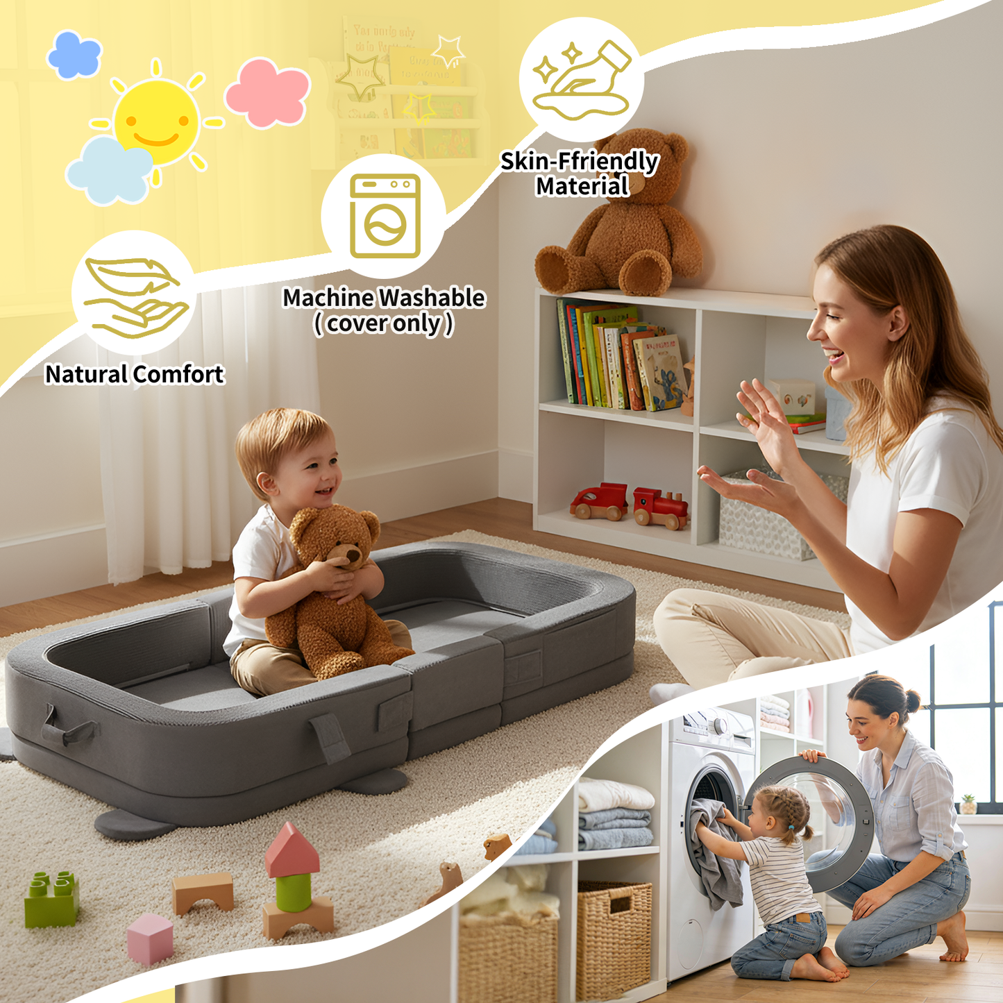 LIFERUN Toddler Travel Bed,Foldable Portable Toddler Floor Bed with Soft Foam for Baby and Kids Aged 1-4,Washable Cover Travel Crib with Safety Rail for Home,Hotel,Family Visits,Camping