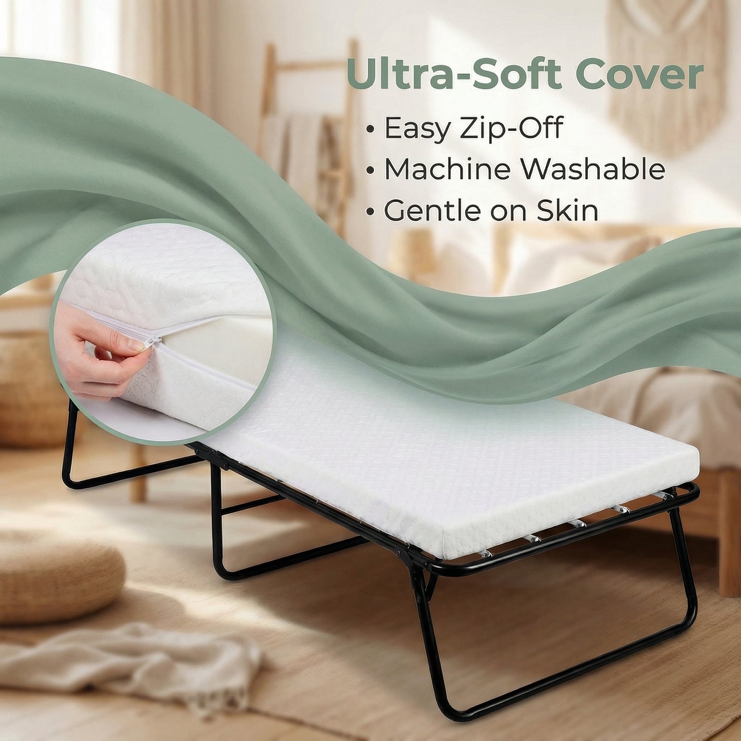 LIFERUN Folding Bed with Memory Foam Mattress for Adults,Portable Bed with Metal Frame, for Bedroom,Office,Camp,No Assembly Required (75" x 31"x14")