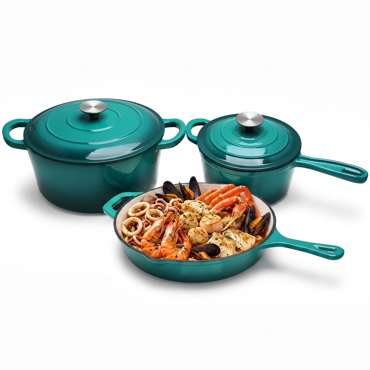 LIFERUN 5Pcs Enameled Cast Iron Cookware Set, Cast Iron Pots and Pans Set, Compatible with Gas, Electric & Induction, Red