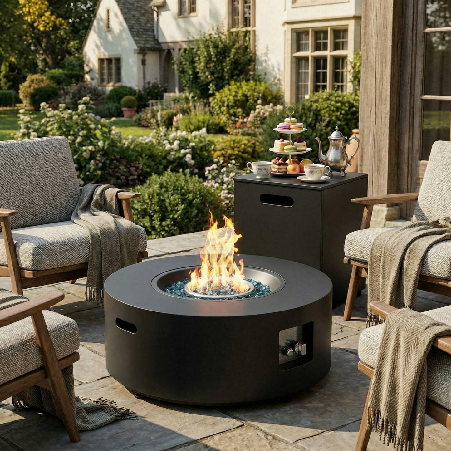 LIFERUN 30in Outdoor Propane Fire Pit Table,2 in 1 Round Gas Fire Pit Table,50,000 BTU,Rain Cover, for Patio,Deck,Backyard,Garden,Pool, Black
