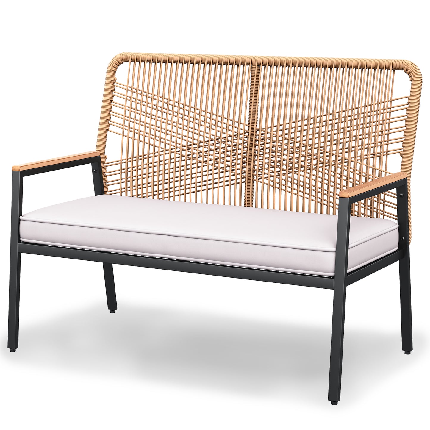 LIFERUN 2-Seat Patio Bench, Wide Outdoor Rattan Love Seat Bench with 3.15in Thick Cushion, WPC Armrest, 500 lbs Capacity, for Garden, Balcony, Porch, Grey