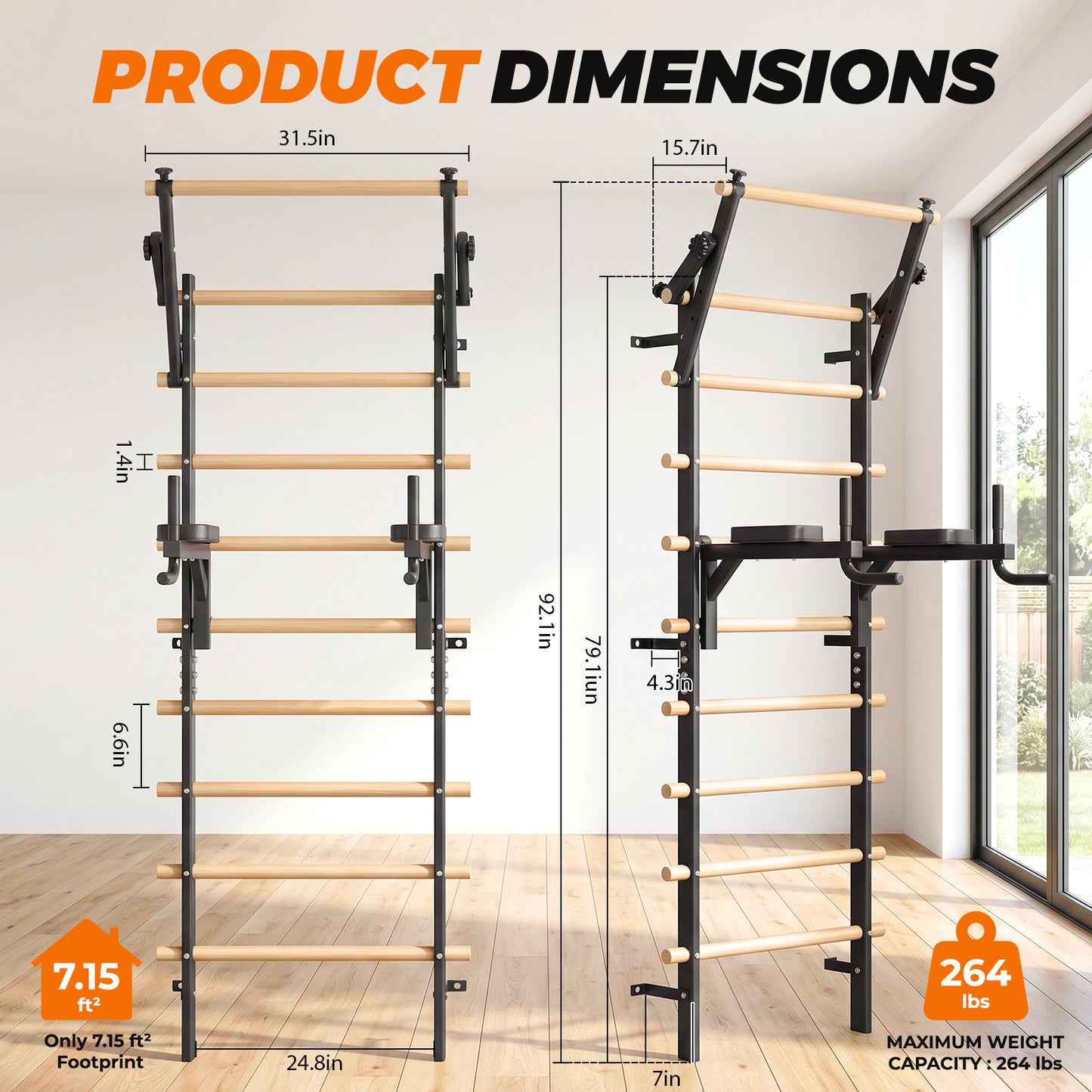 LIFERUN Swedish Ladder Wall Gym, 92" Solid Beechwood Stall Bars, 264lbs Capacity, Adjustable Pull-Up & Dip Bar Attachments, Wall Mounted, 9 Anchor Rods for Home, School, Physical Therapy, Gymnastics