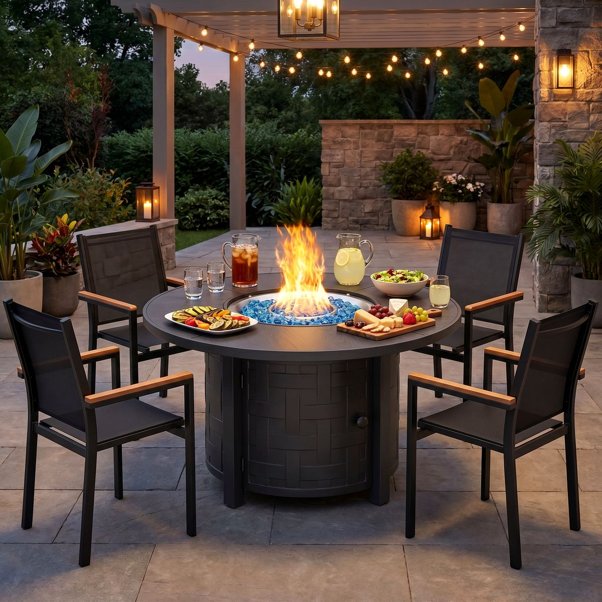 LIFERUN 42 in Propane Fire Pit Table with 4 Stackable Aluminum Dining Chairs– 50,000 BTU Round Fire Pit with Lid, Converts to Patio Coffee Table, for Poolside, Balcony, Terrace (Brown)