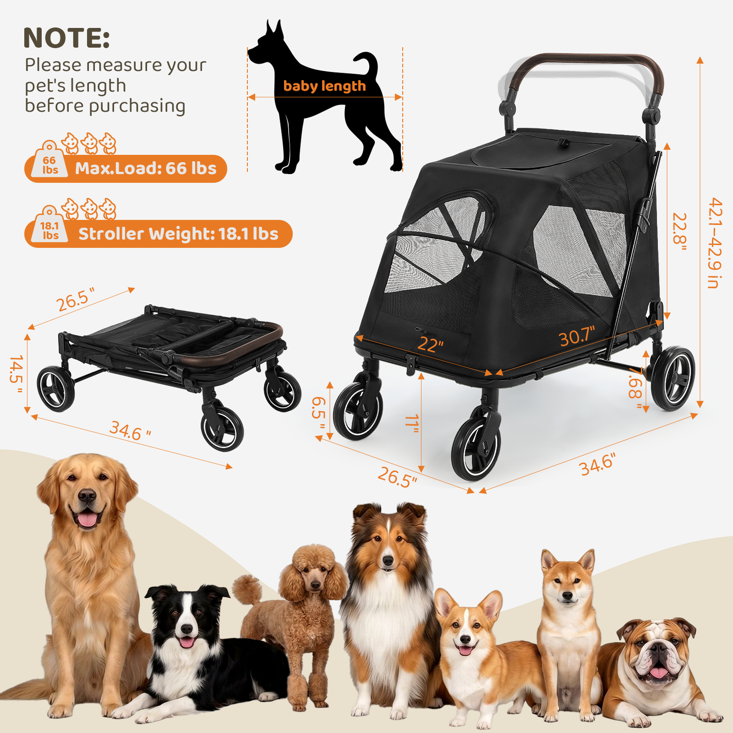 LIFERUN Pet Stroller for Medium & Large Dogs,  Foldable Dog Stroller for 2 Small Dogs (Up to 66lbs), All Terrain Dog Wagon Stroller with Dual Entry, One-Step Brake & Adjustable Handle