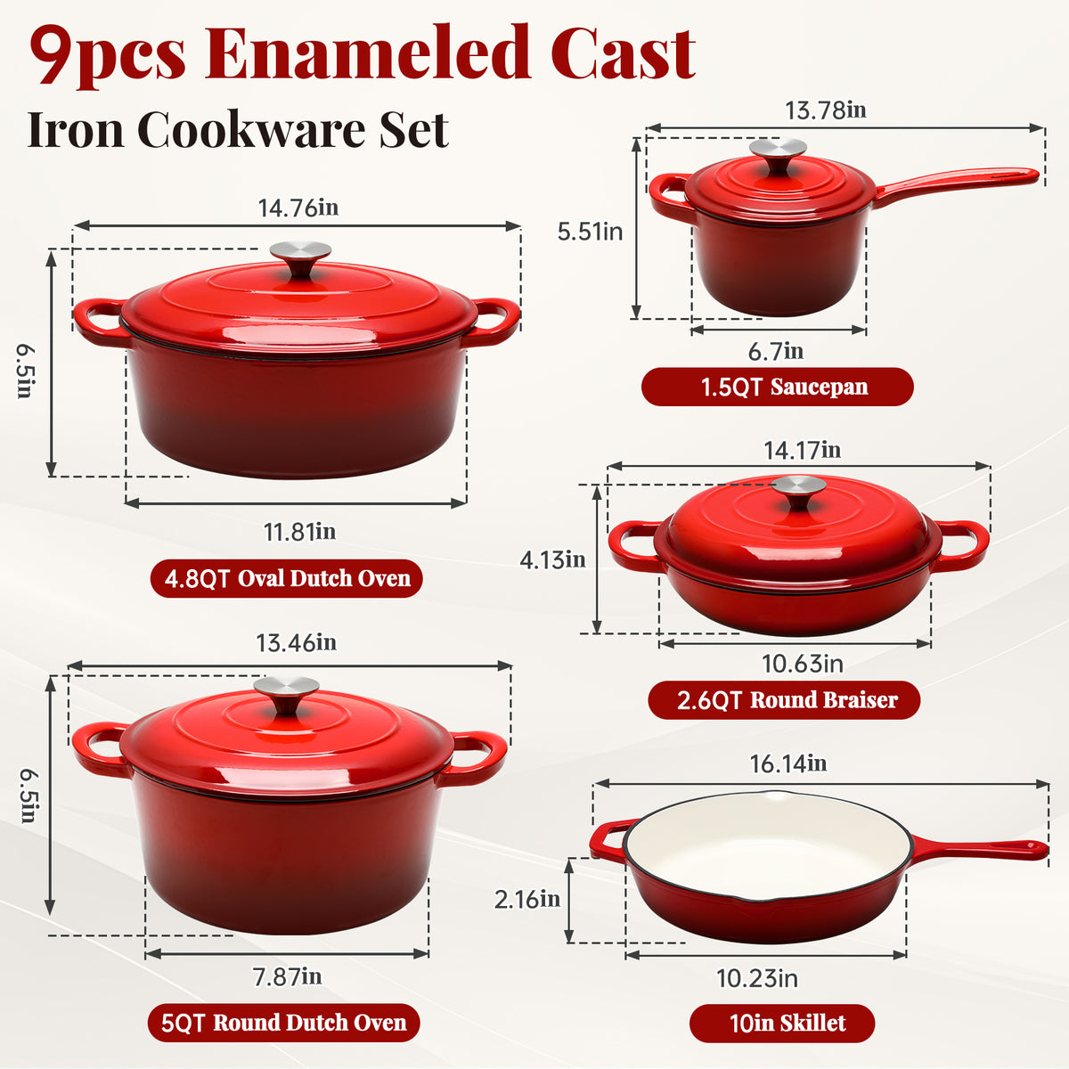 LIFERUN 9Pcs Enameled Cast Iron Cookware Set, Cast Iron Pots and Pans Set, Compatible with Gas, Electric & Induction, Red