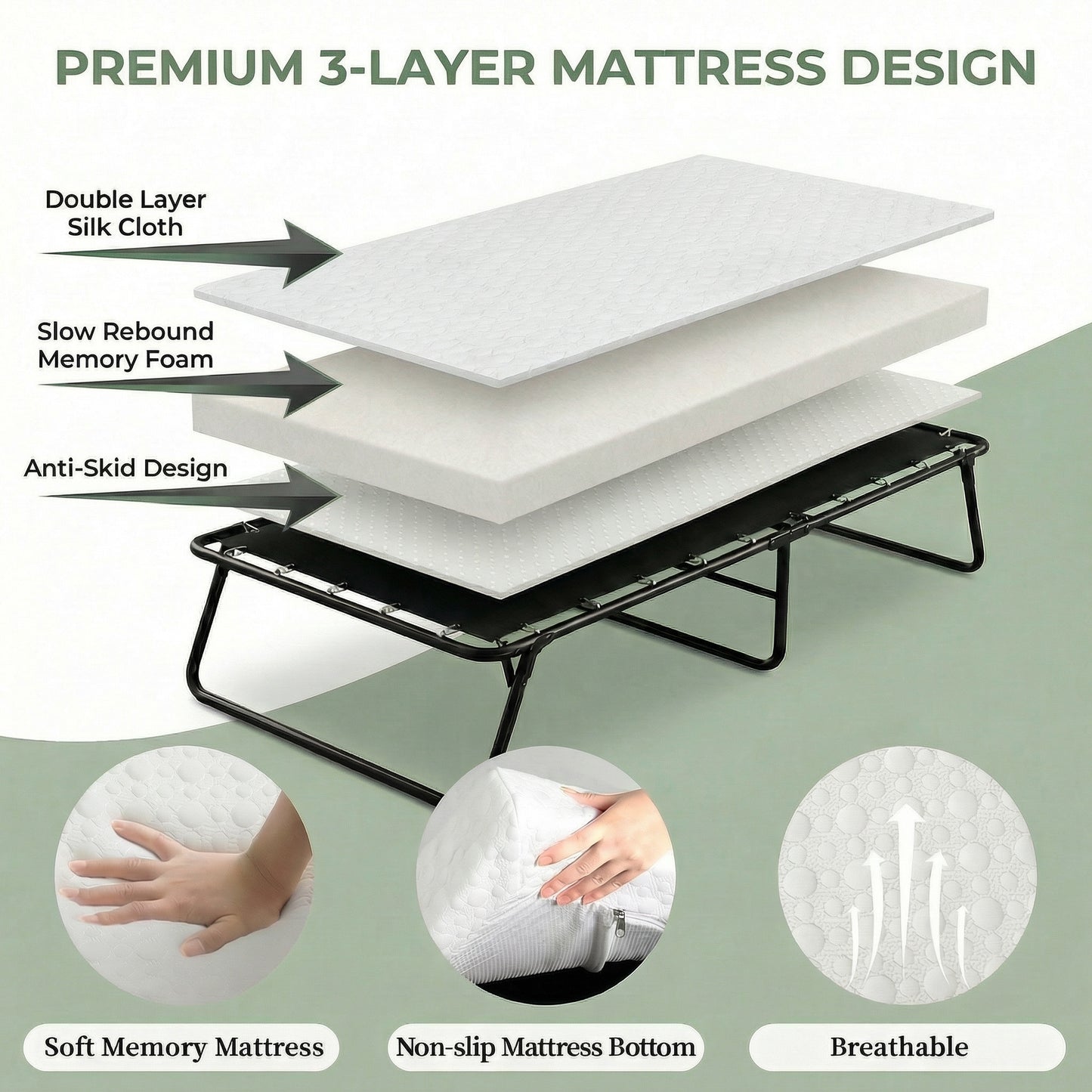 LIFERUN Folding Bed with Memory Foam Mattress for Adults,Portable Bed with Metal Frame, for Bedroom,Office,Camp,No Assembly Required (75" x 31"x14")