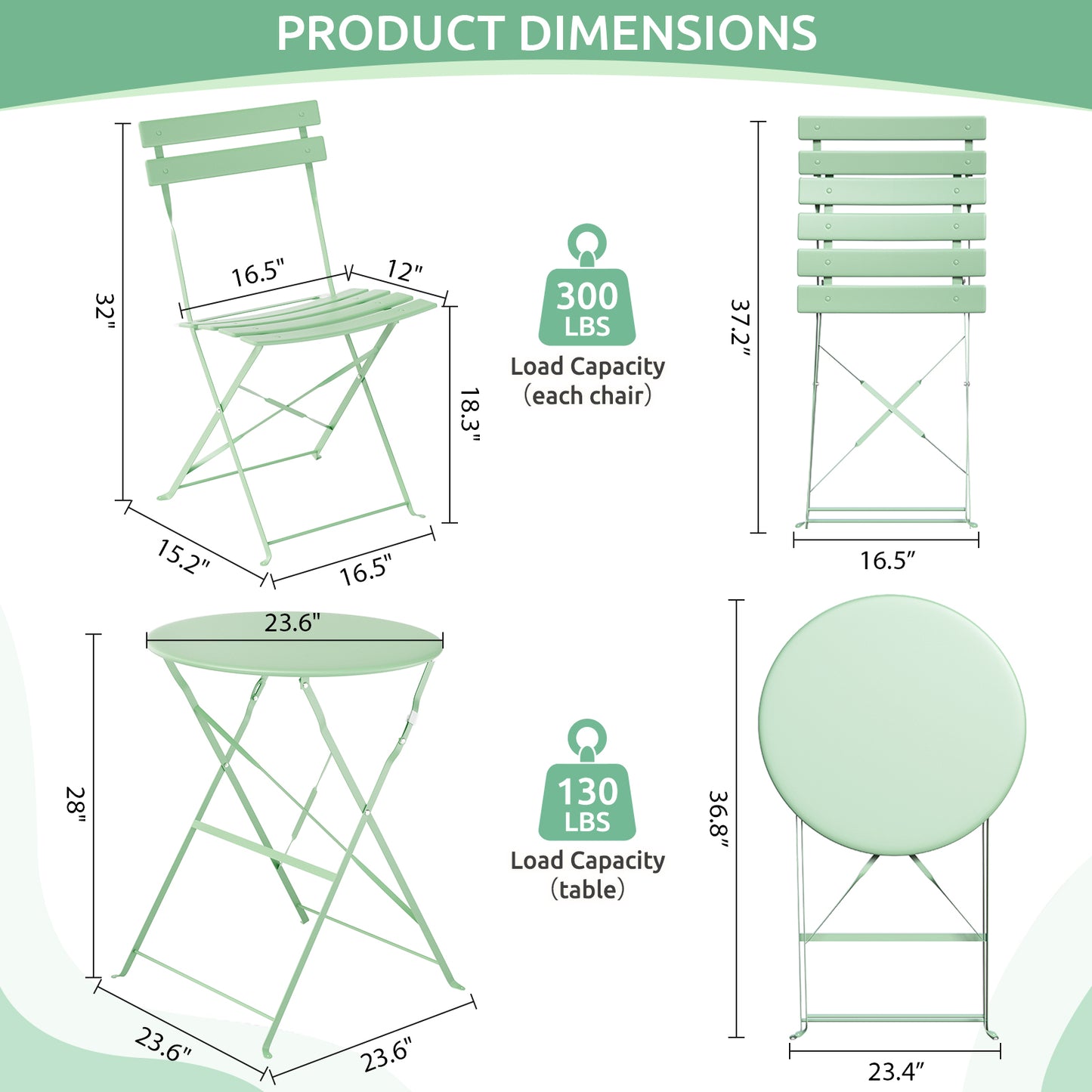 LIFERUN 3-Piece Folding Bistro Set, Outdoor Table and Chairs Set of 2, Weatherproof Patio Furniture for Garden, Balcony, Porch, Green