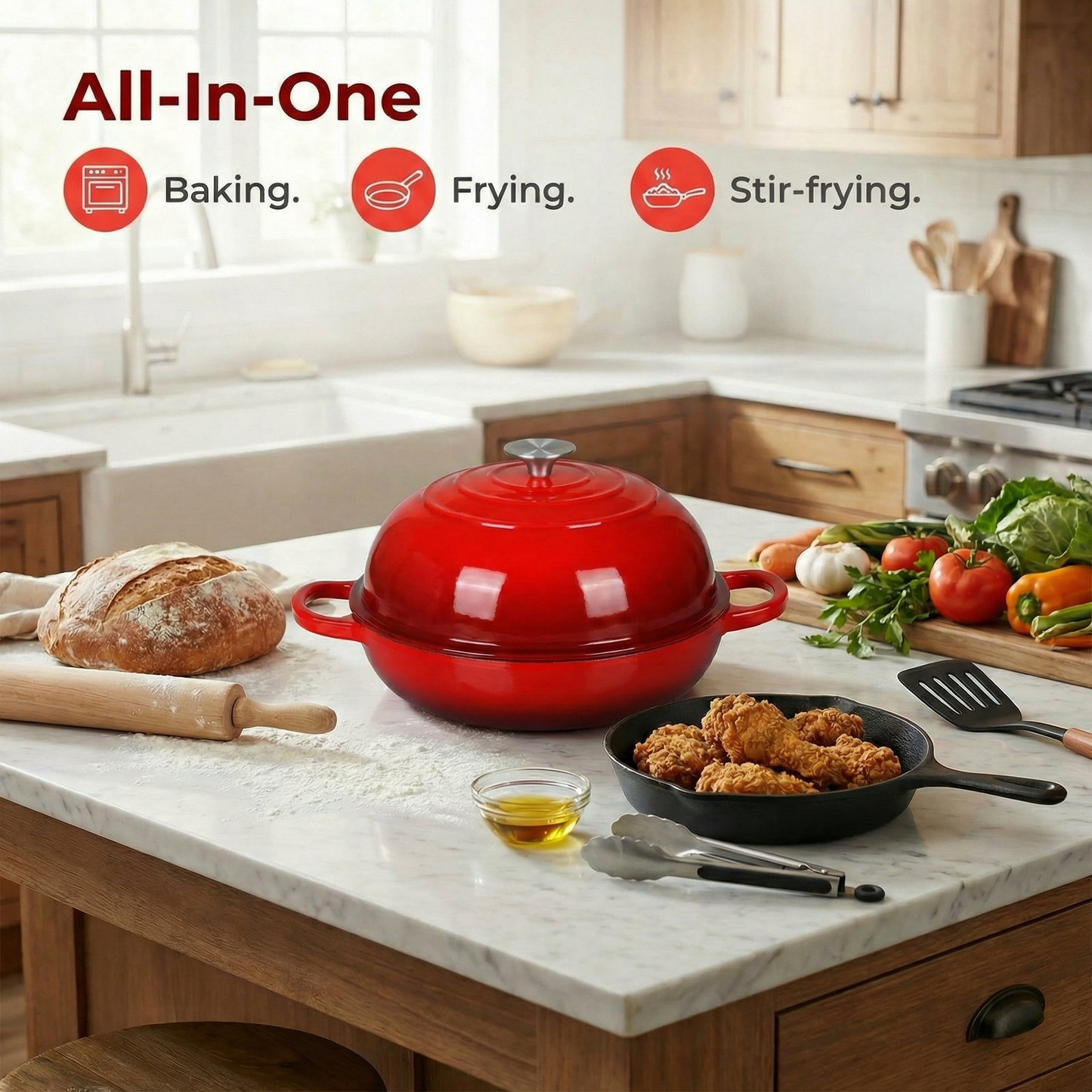 LIFERUN 6qt Enameled Dutch Oven Cast Iron for Bread Baking, Dome-Shaped Bread Oven Pot, Non-stick, Easy Clean